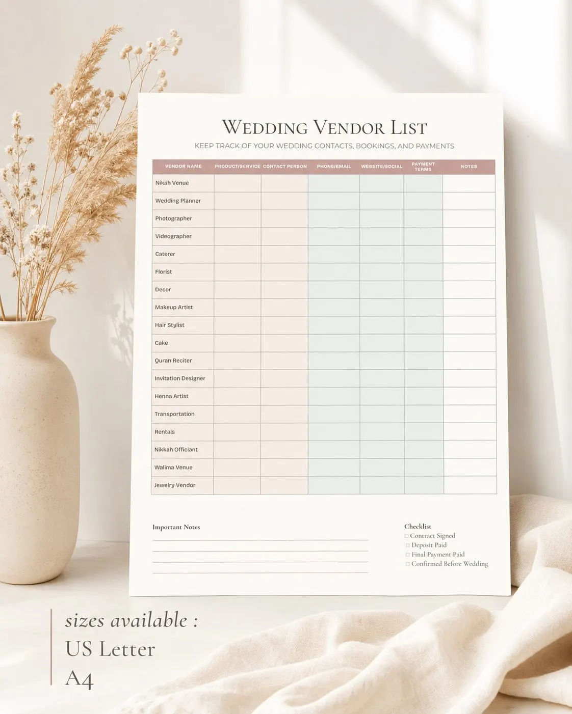 Editable Wedding Vendor List Template, Muslim Wedding Planner Checklist, Printable Vendor Contact Sheet - image 4