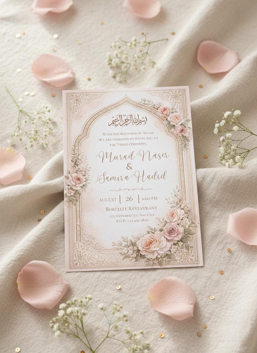 Islamic Nikah Invitation Template, Floral Muslim Wedding Invite, Editable Nikah Card, Digital Download
