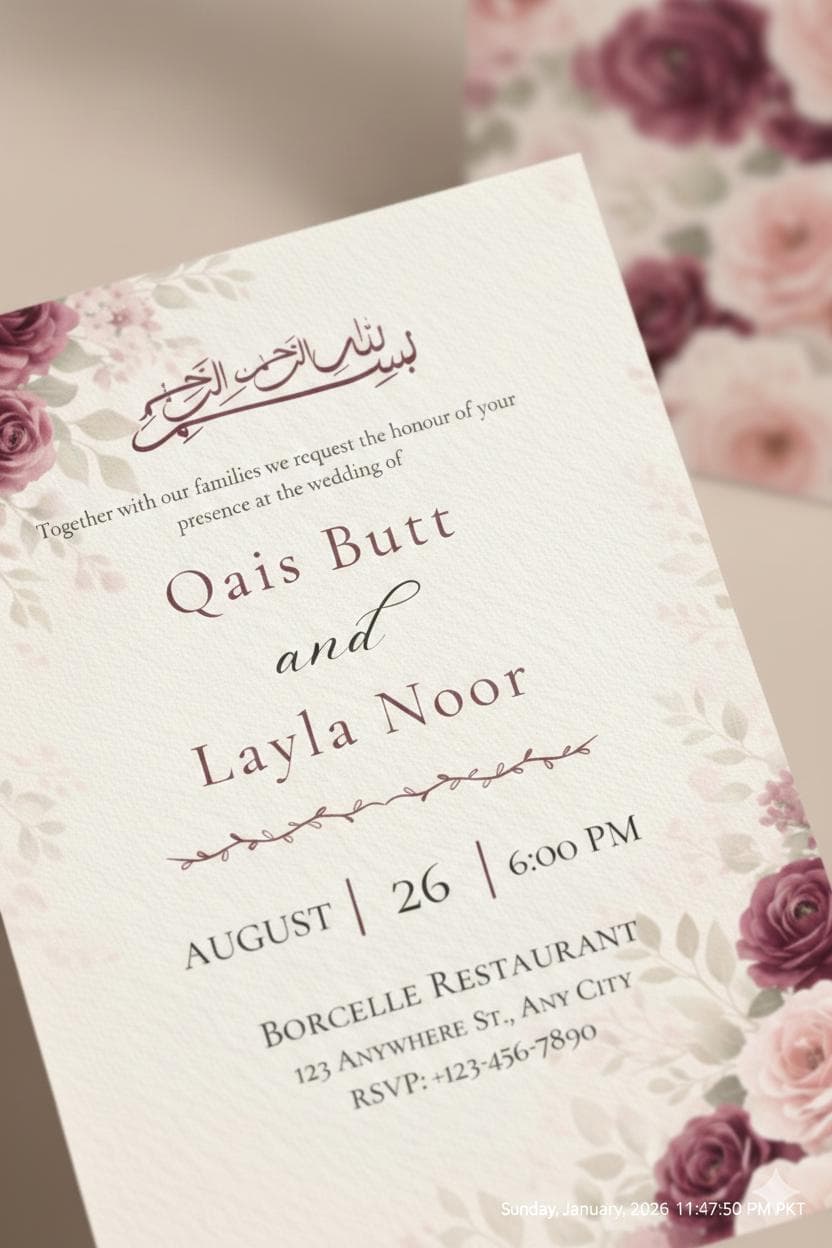 Floral Muslim Wedding Invitation, Burgundy Roses, Nikah Card (Digital Download) - image 5