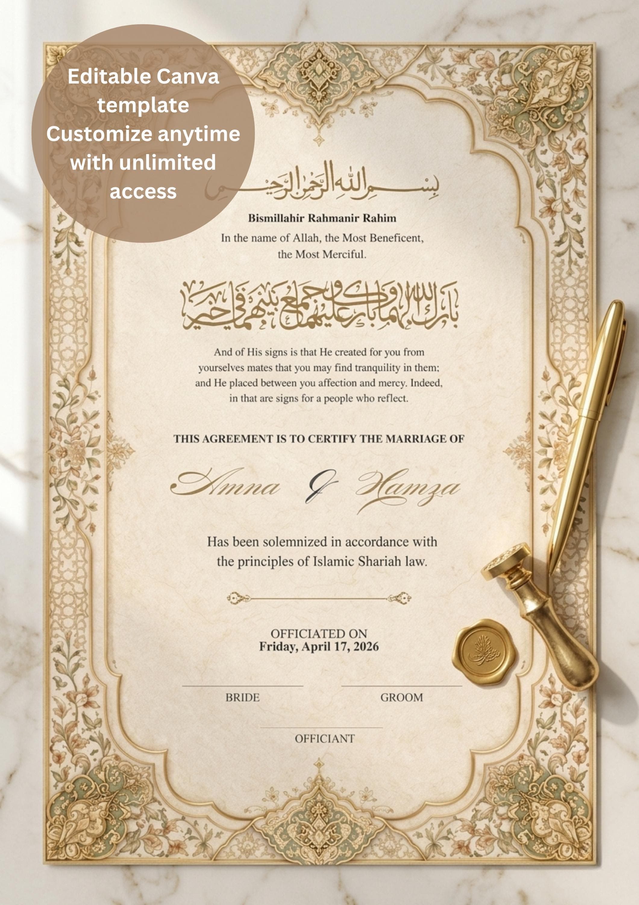 Islamic Marriage Certificate Printable, Editable Nikah Certificate Template, Muslim Wedding Contract, Instant Download
