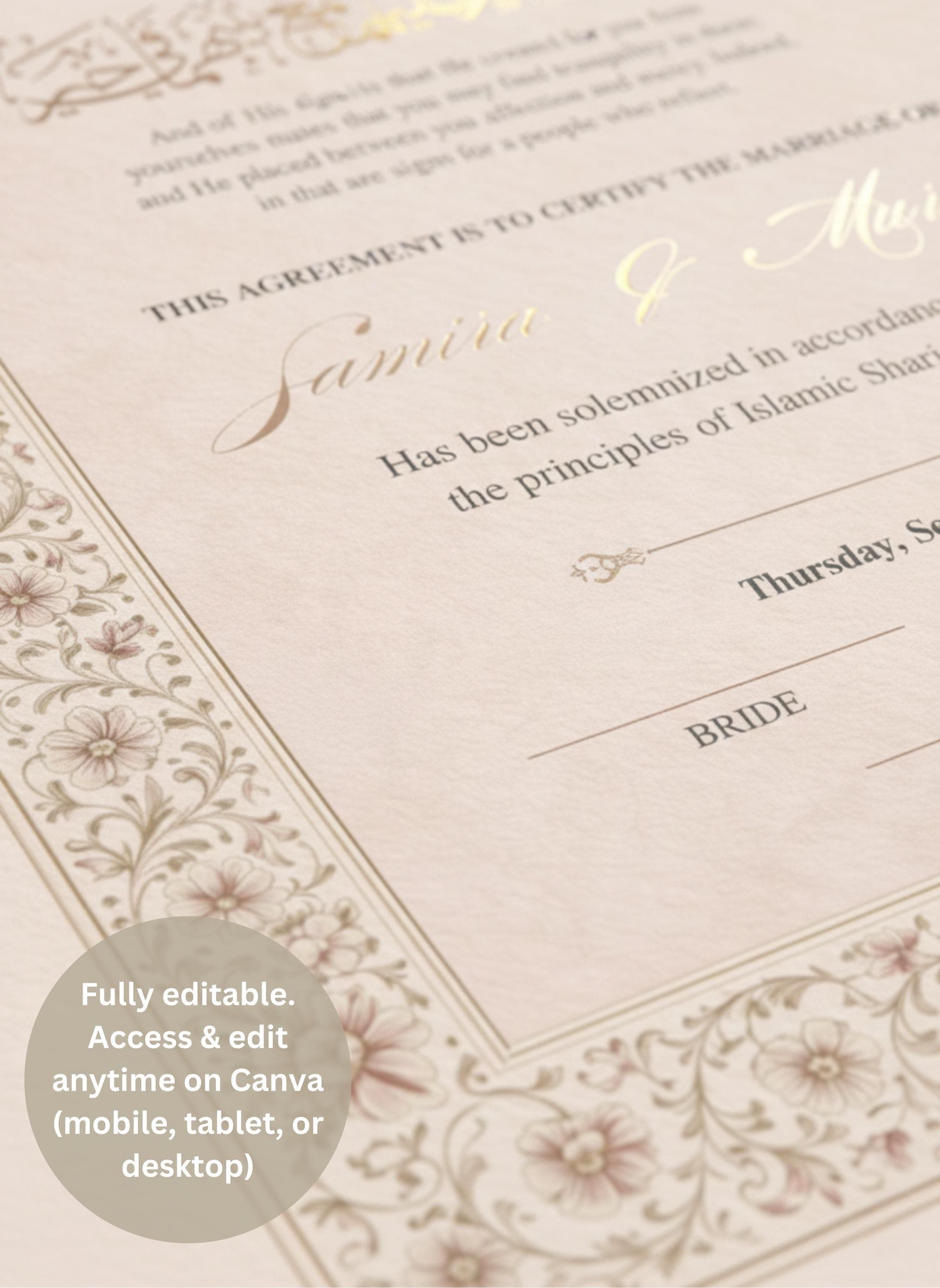 Editable Marriage Certificate, Printable Nikah Certificate, Custom Wedding Gift for Couples, Free Canva Template - image 4