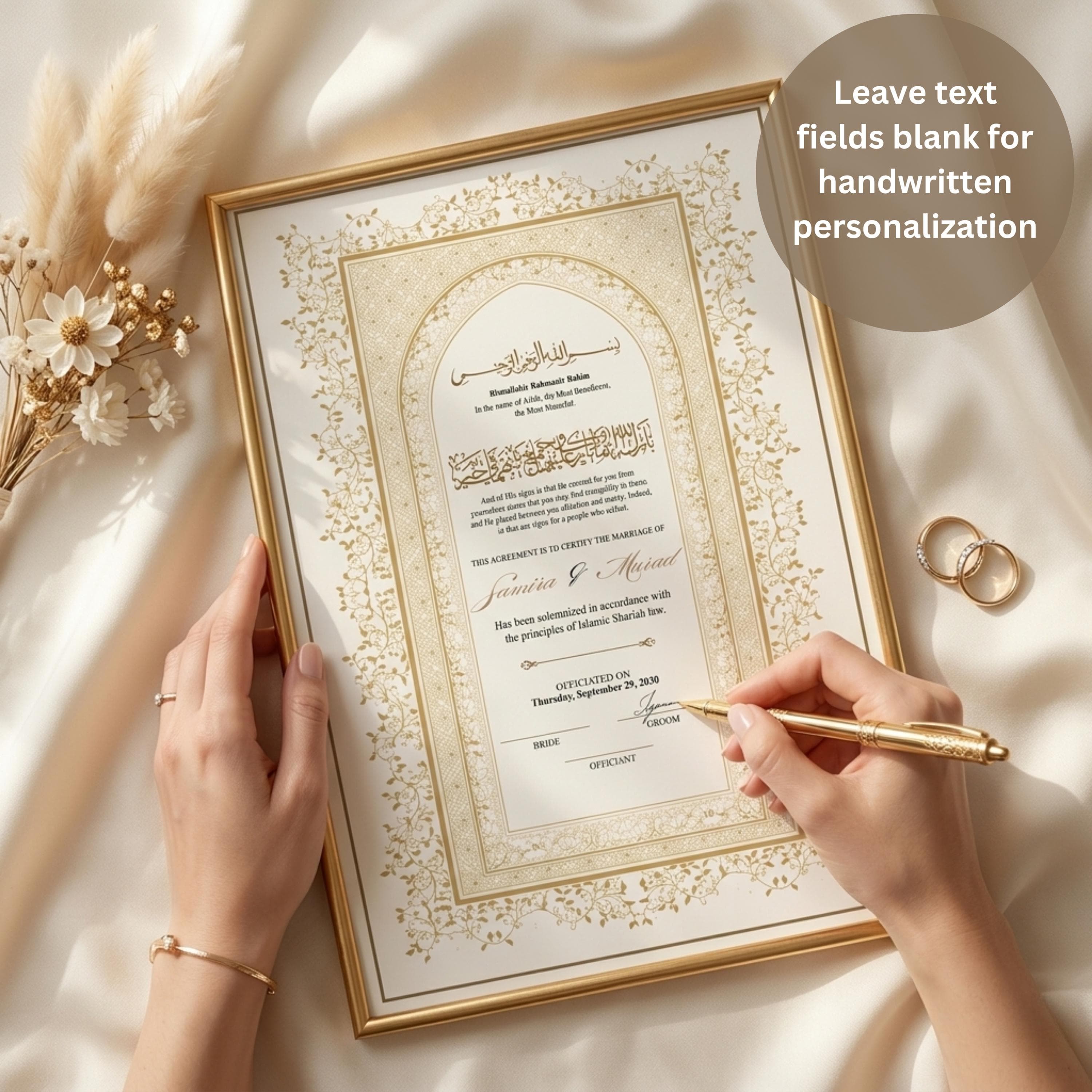 Editable Islamic Nikah Marriage Certificate, Gold Floral Muslim Wedding Contract (Digital Download) - image 4
