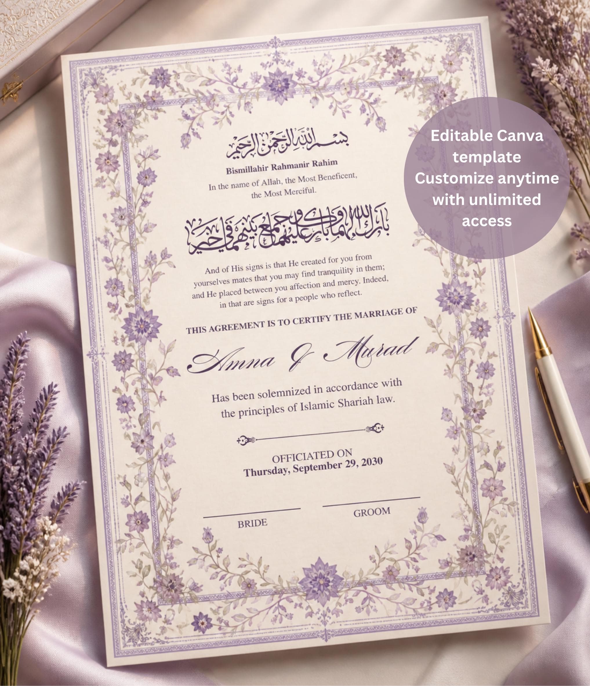 Lavender Floral Nikah Certificate, Editable  Marriage Contract  A4 A3 ,Digital Download