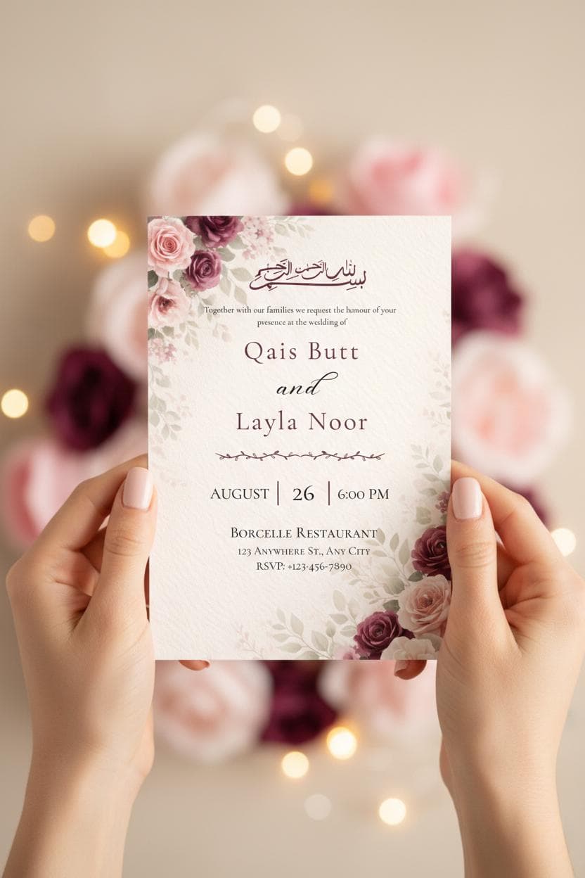 Floral Muslim Wedding Invitation, Burgundy Roses, Nikah Card (Digital Download) - image 4