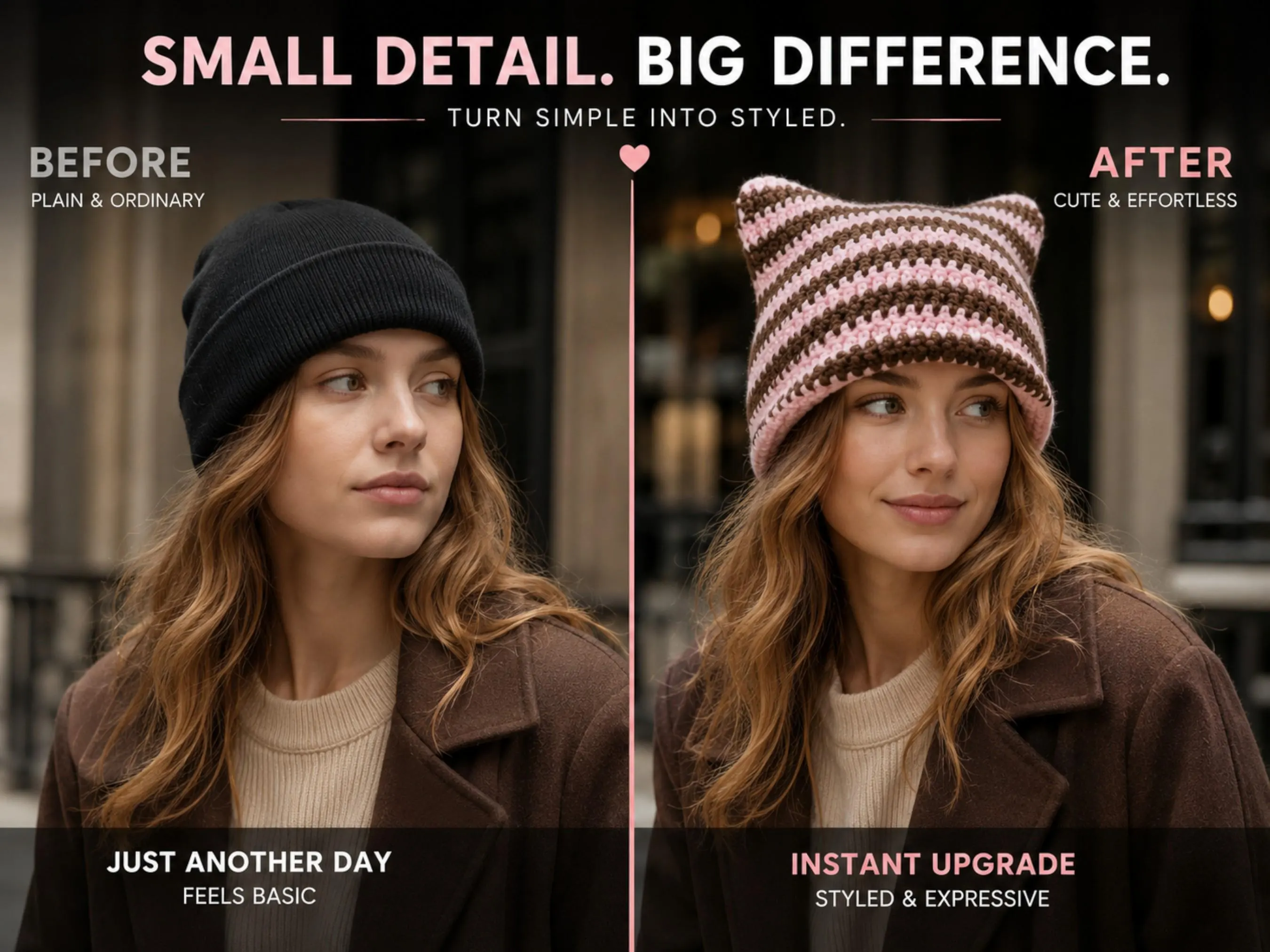 Striped Cat Ear Beanie | Textured Knit Pointed Hat, Women's Casual Headwear - image 5