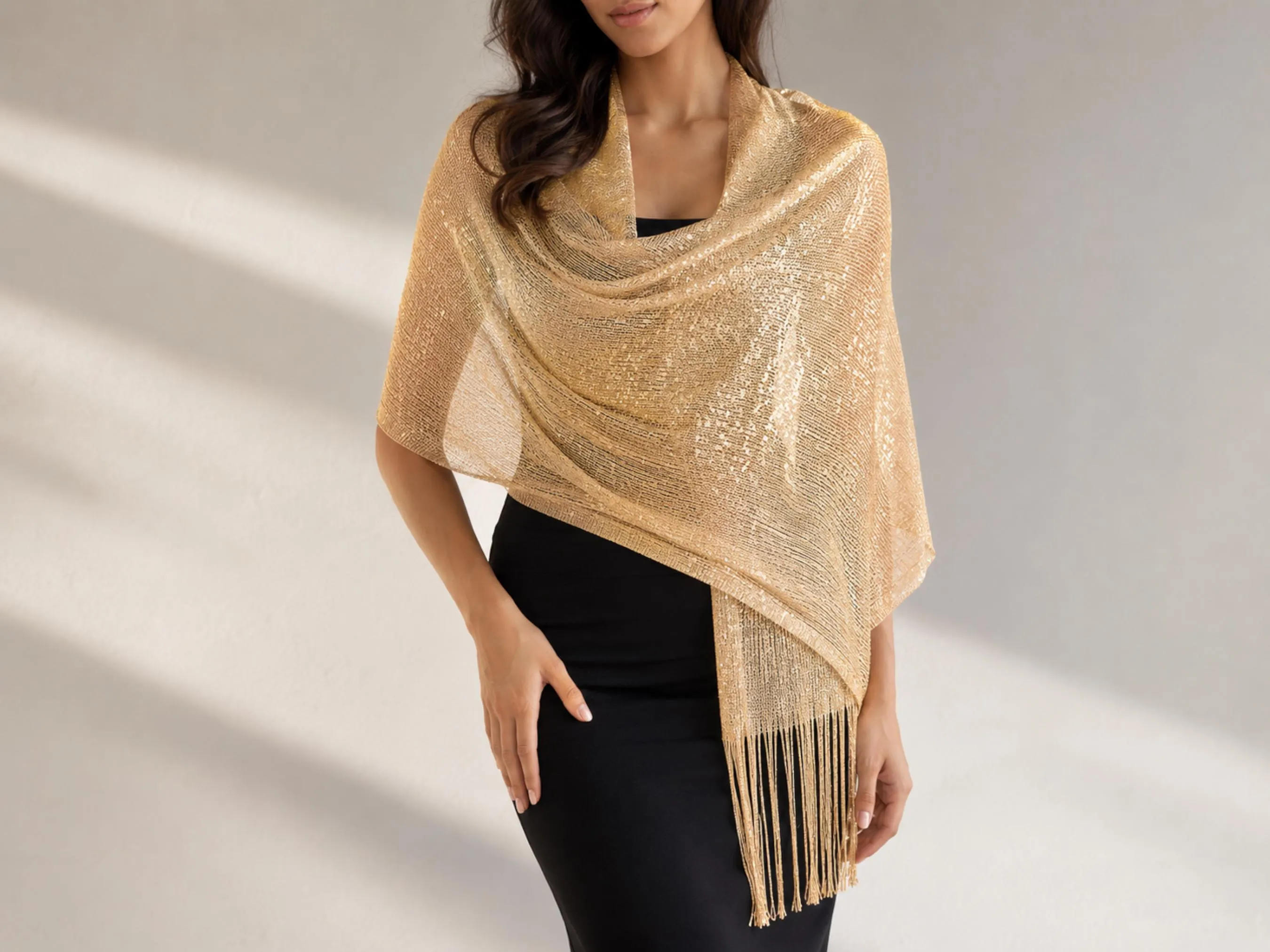Gold Glitter Shawl Wrap with Tassels | Elegant Evening Scarf for Parties, Weddings - image 3
