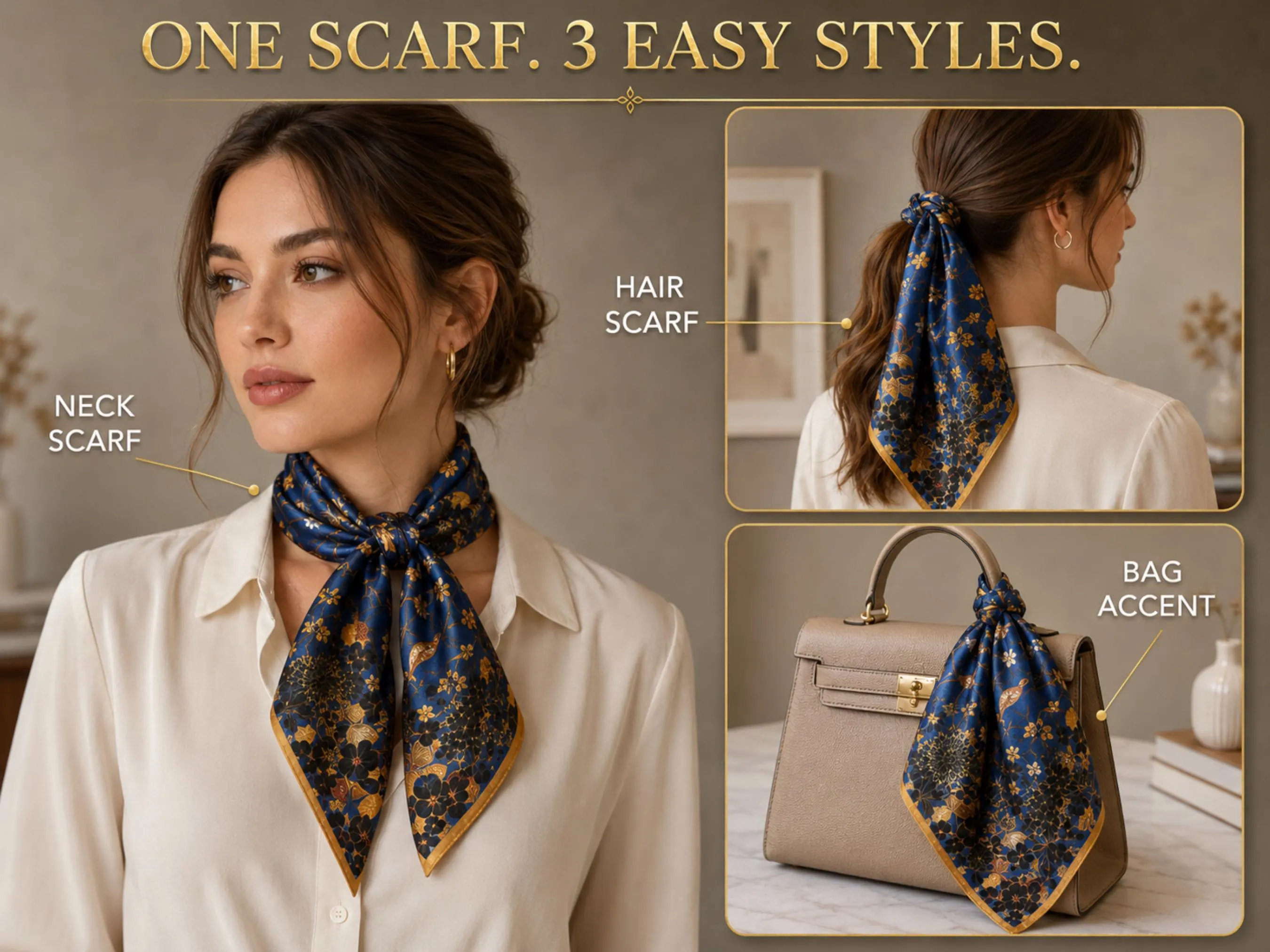 Blue Floral Satin Scarf | Bird Botanical Print Neck Hair Bag Scarf - image 3
