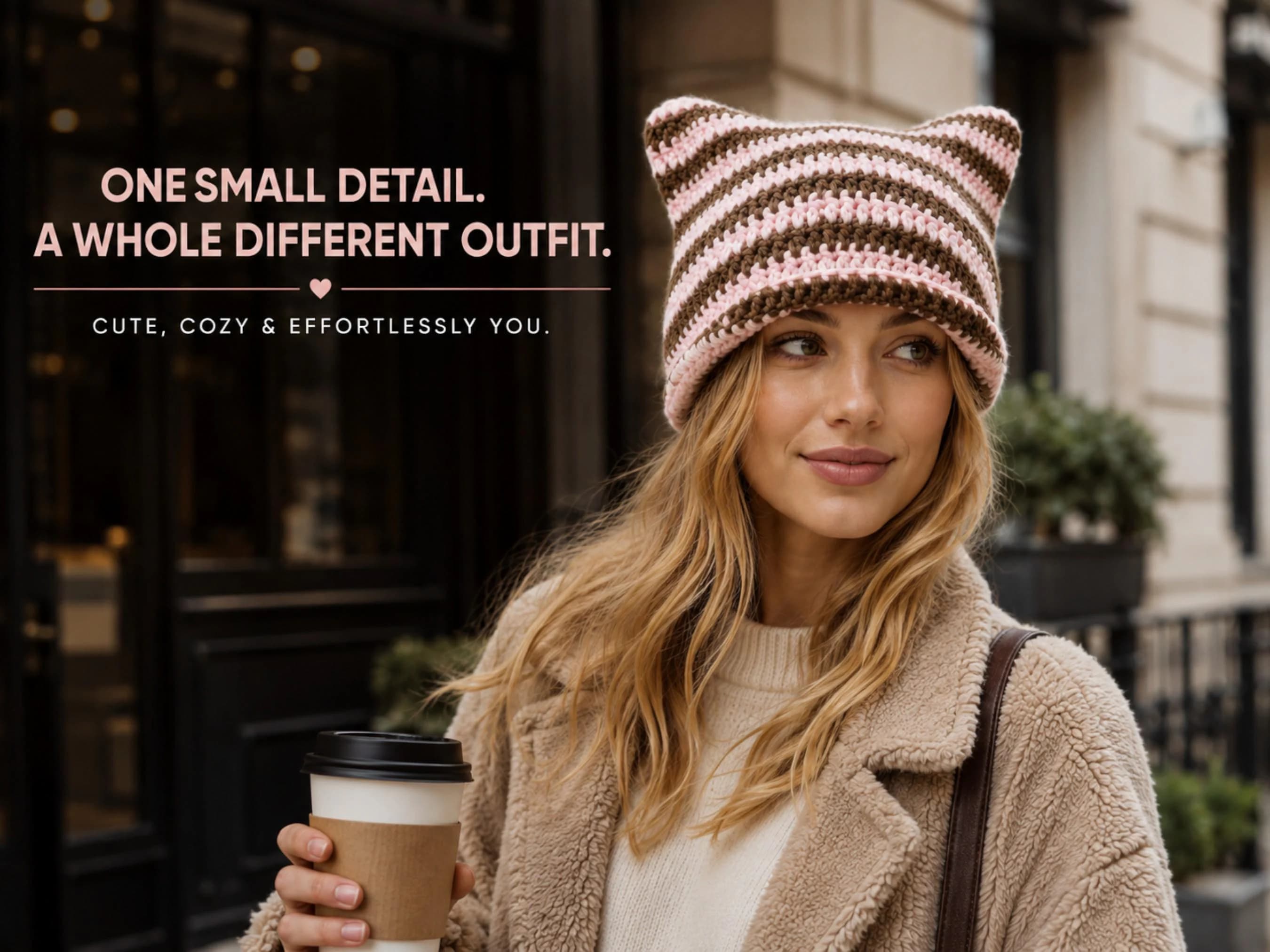Striped Cat Ear Beanie | Textured Knit Pointed Hat, Women's Casual Headwear - image 2