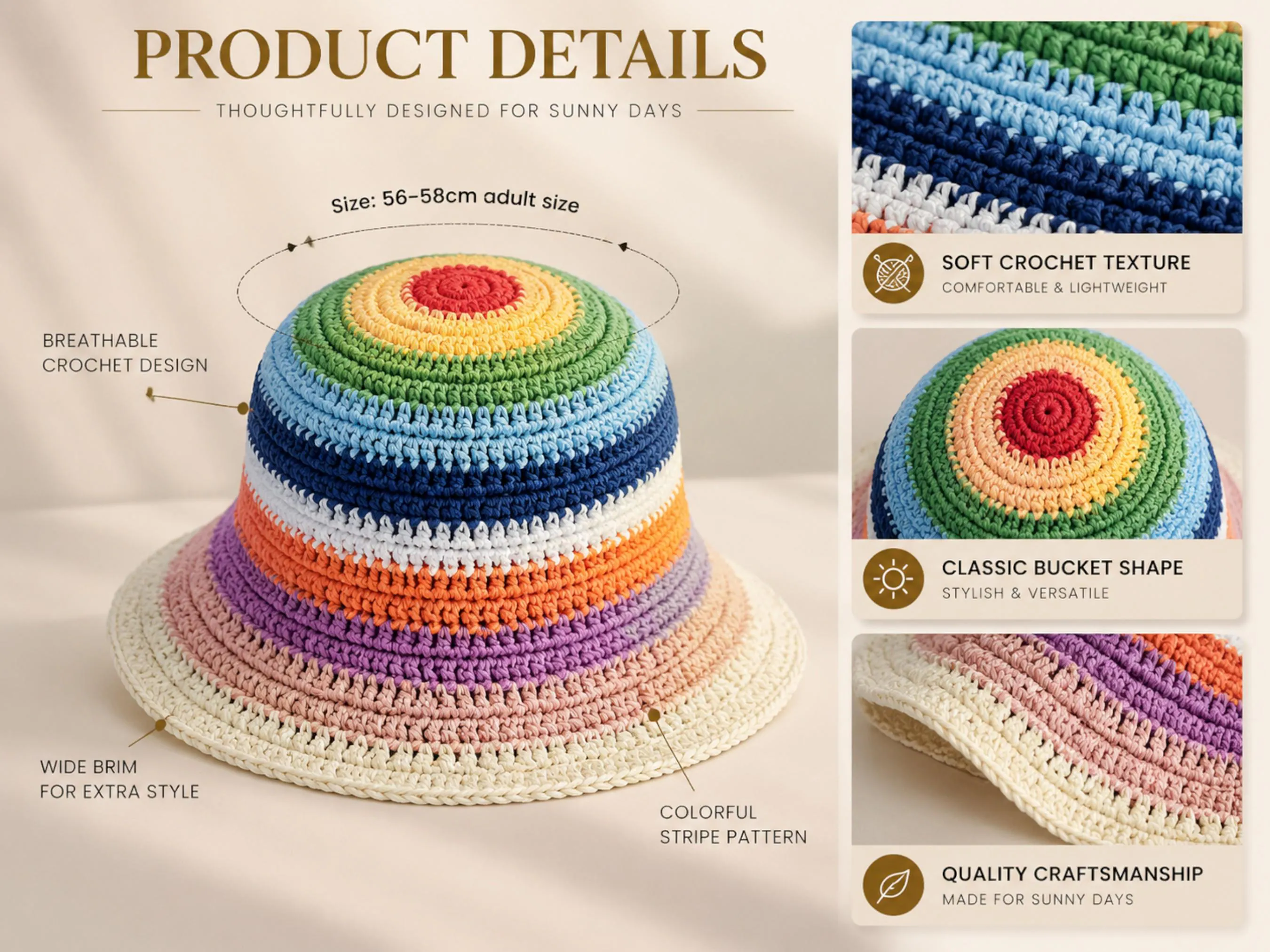 Rainbow Crochet Bucket Hat | Colorful Knit Sun Hat, Summer Beach Accessory - image 4