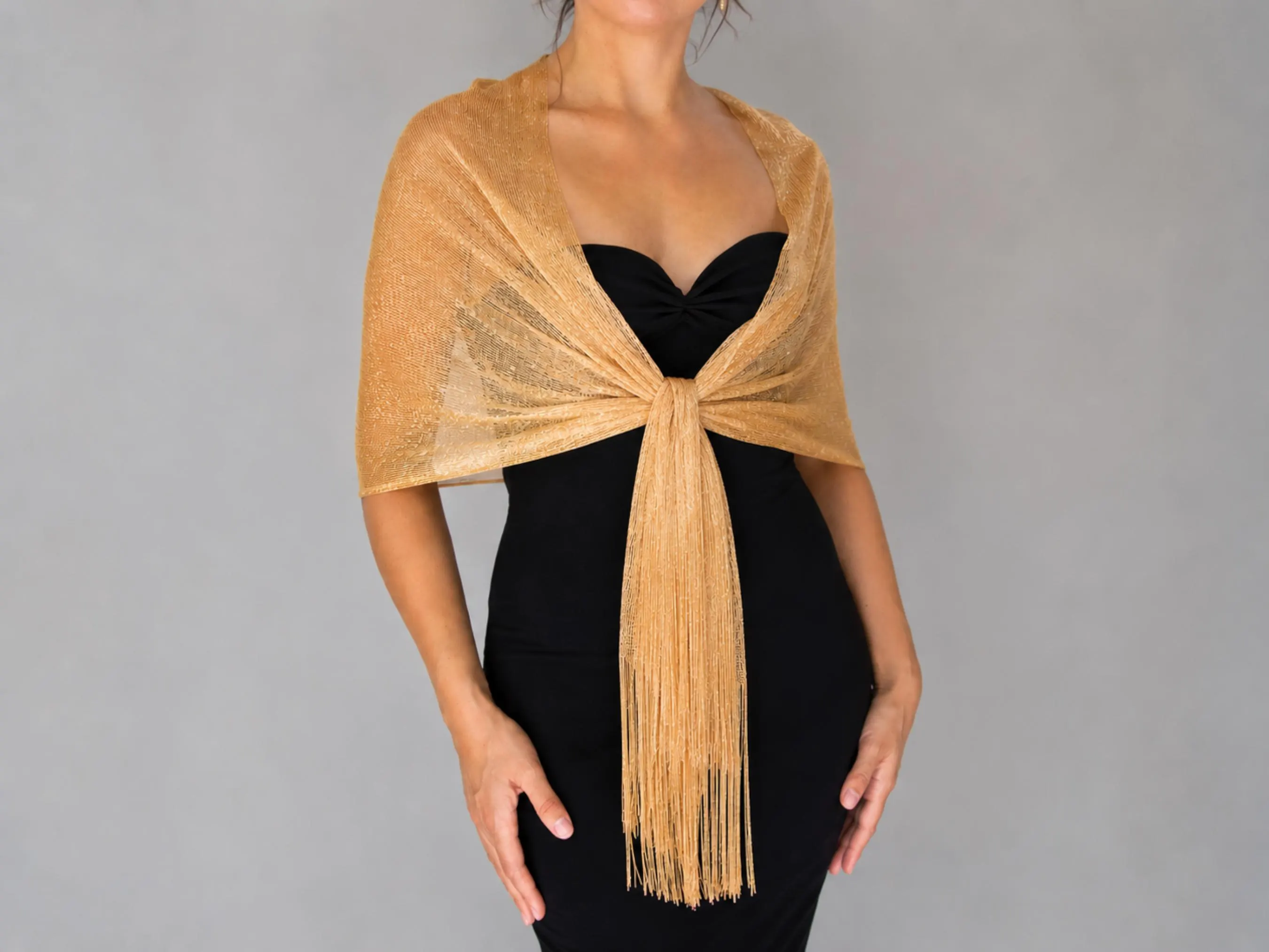 Gold Glitter Shawl Wrap with Tassels | Elegant Evening Scarf for Parties, Weddings - image 4