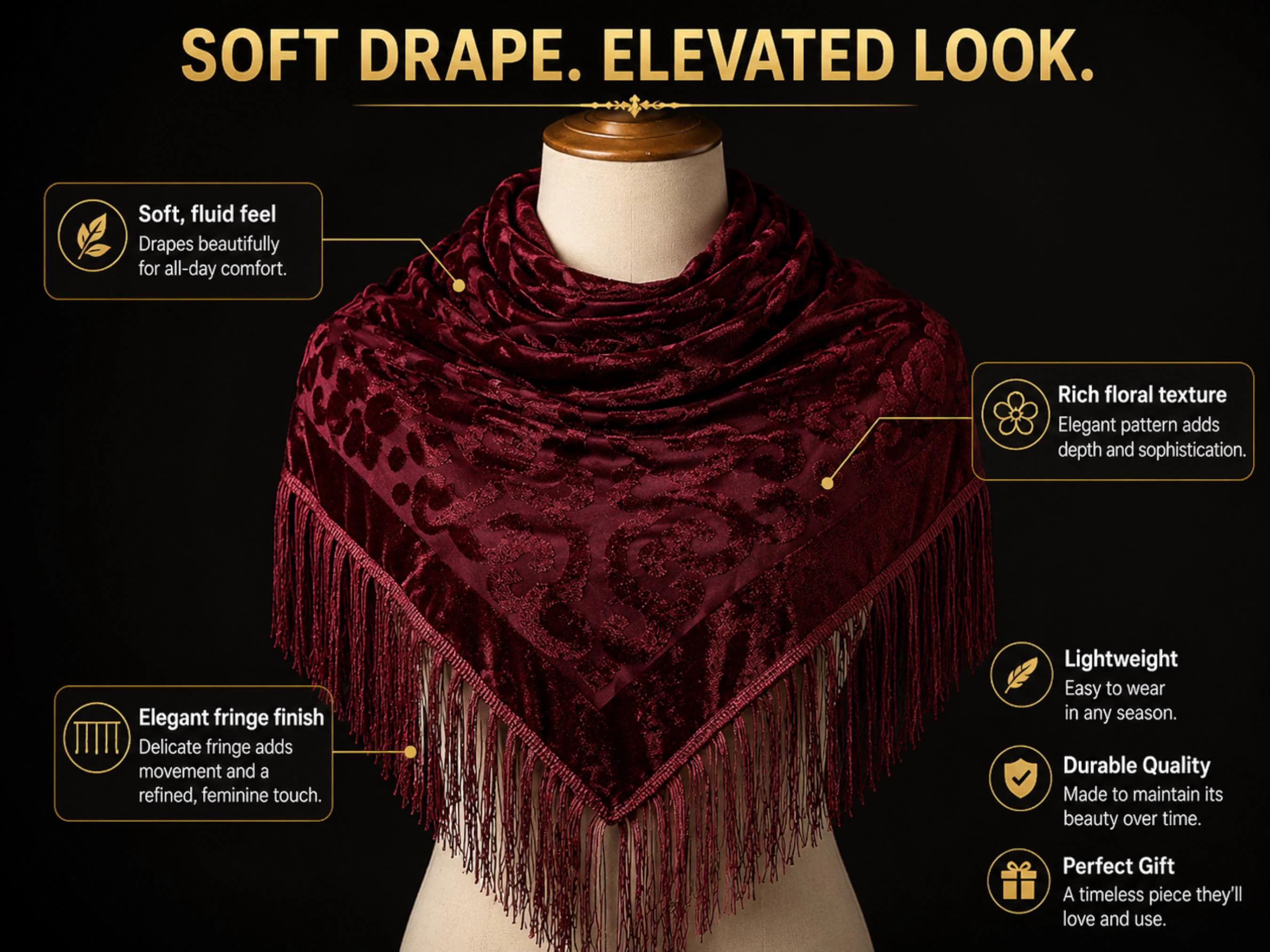 Floral Fringe Shawl Scarf | Elegant Velvet Wrap Shoulder Cover - image 4