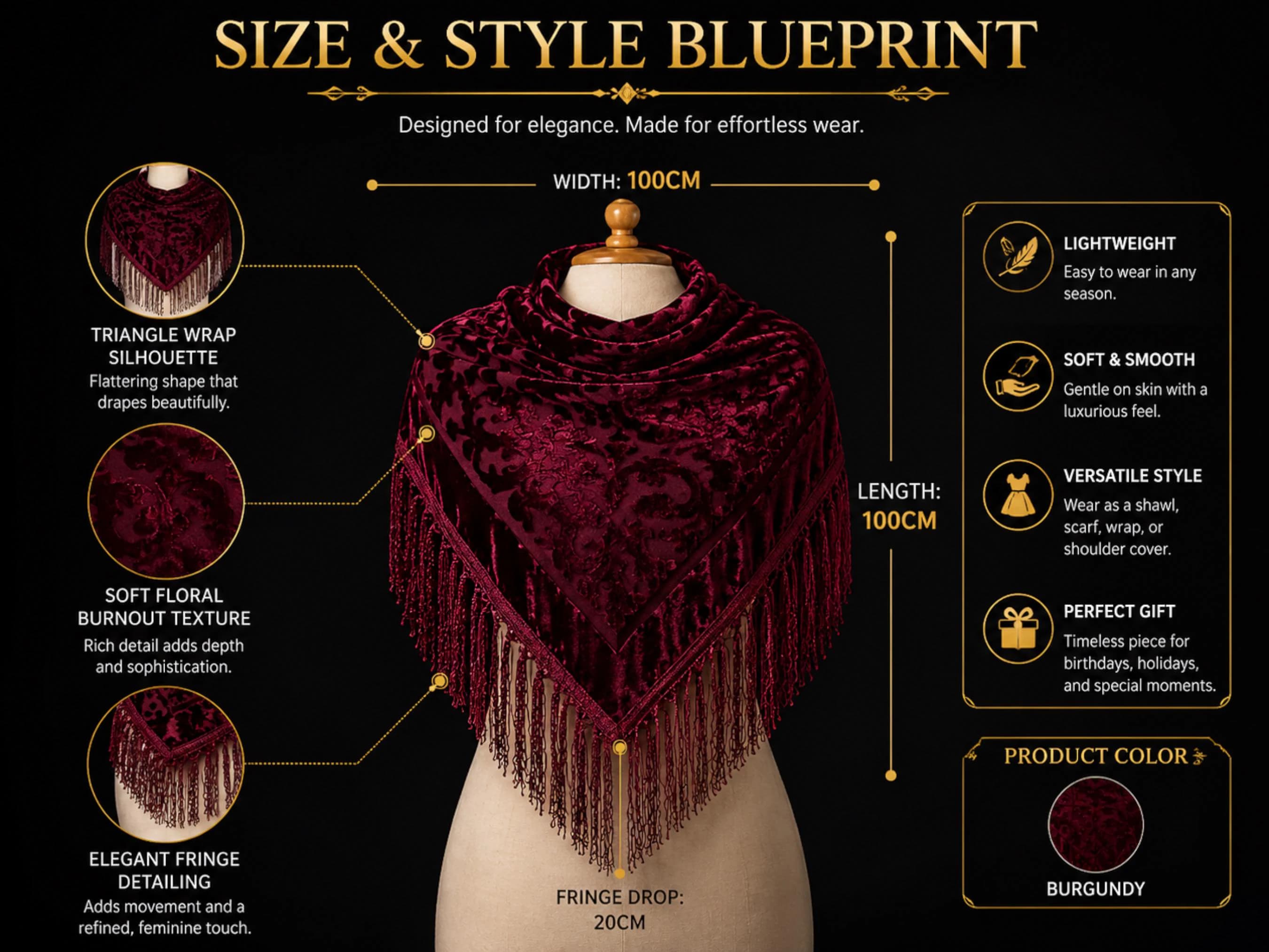 Floral Fringe Shawl Scarf | Elegant Velvet Wrap Shoulder Cover - image 5