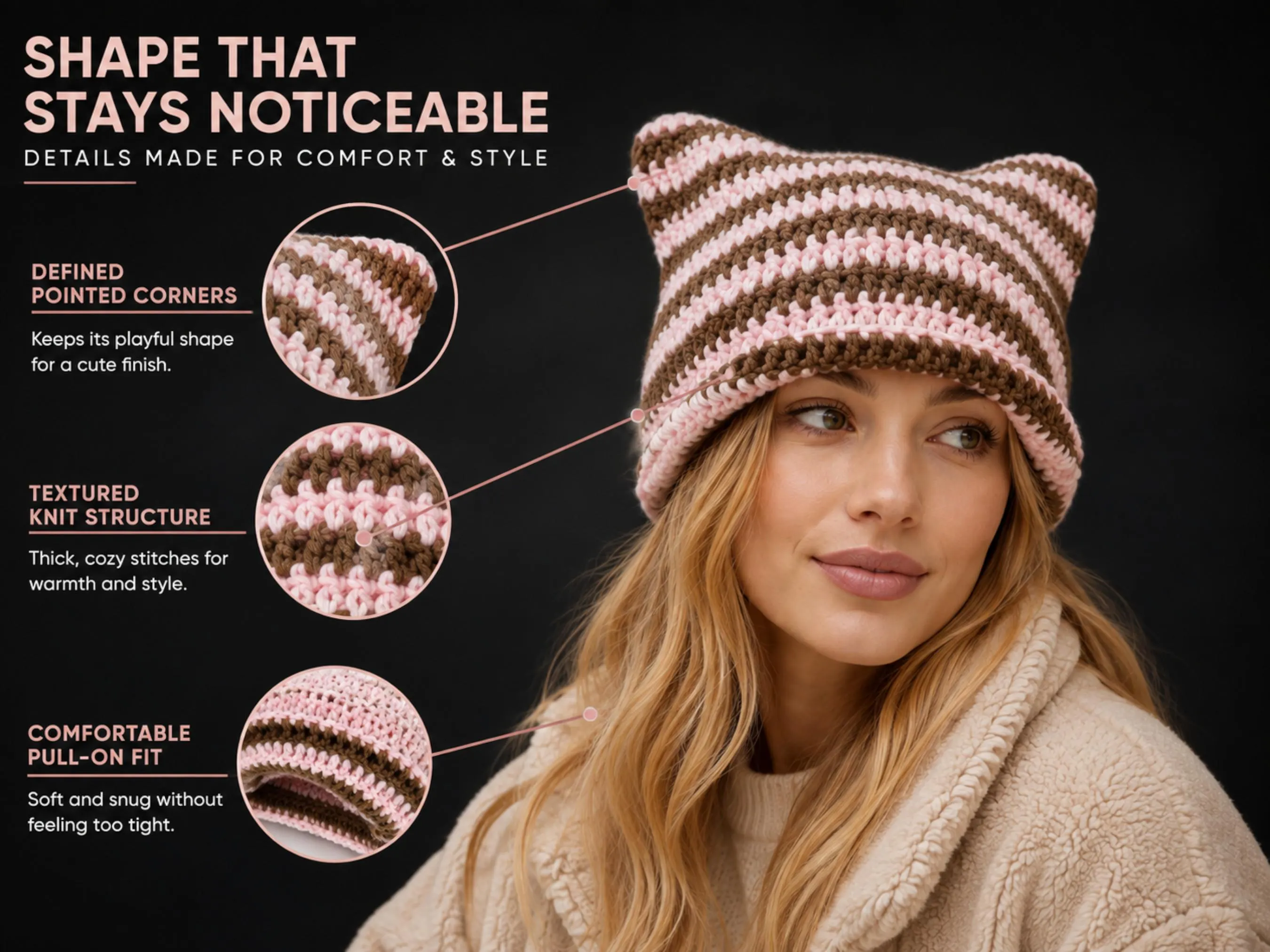 Striped Cat Ear Beanie | Textured Knit Pointed Hat, Women's Casual Headwear - image 3