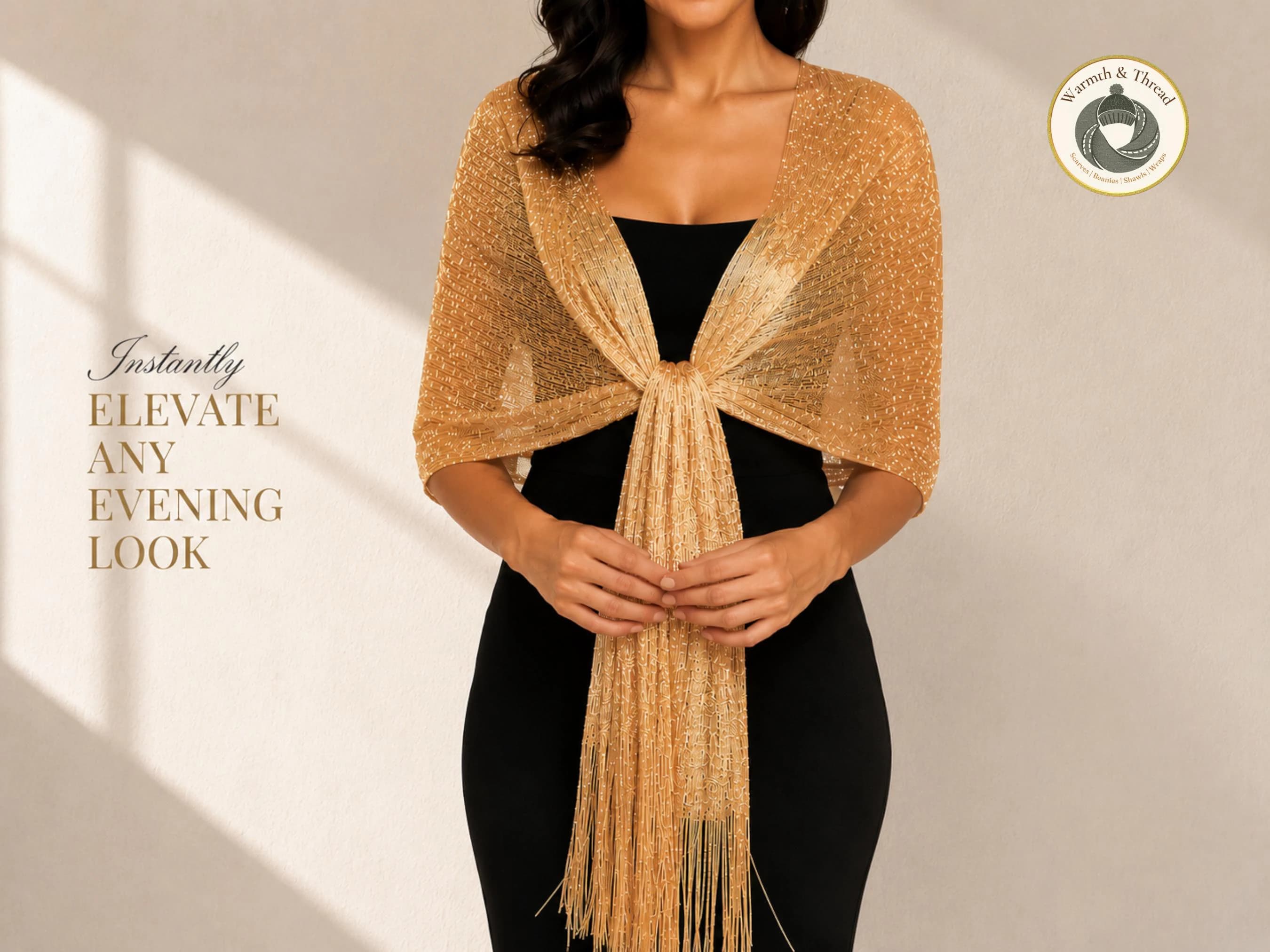 Gold Glitter Shawl Wrap with Tassels | Elegant Evening Scarf for Parties, Weddings