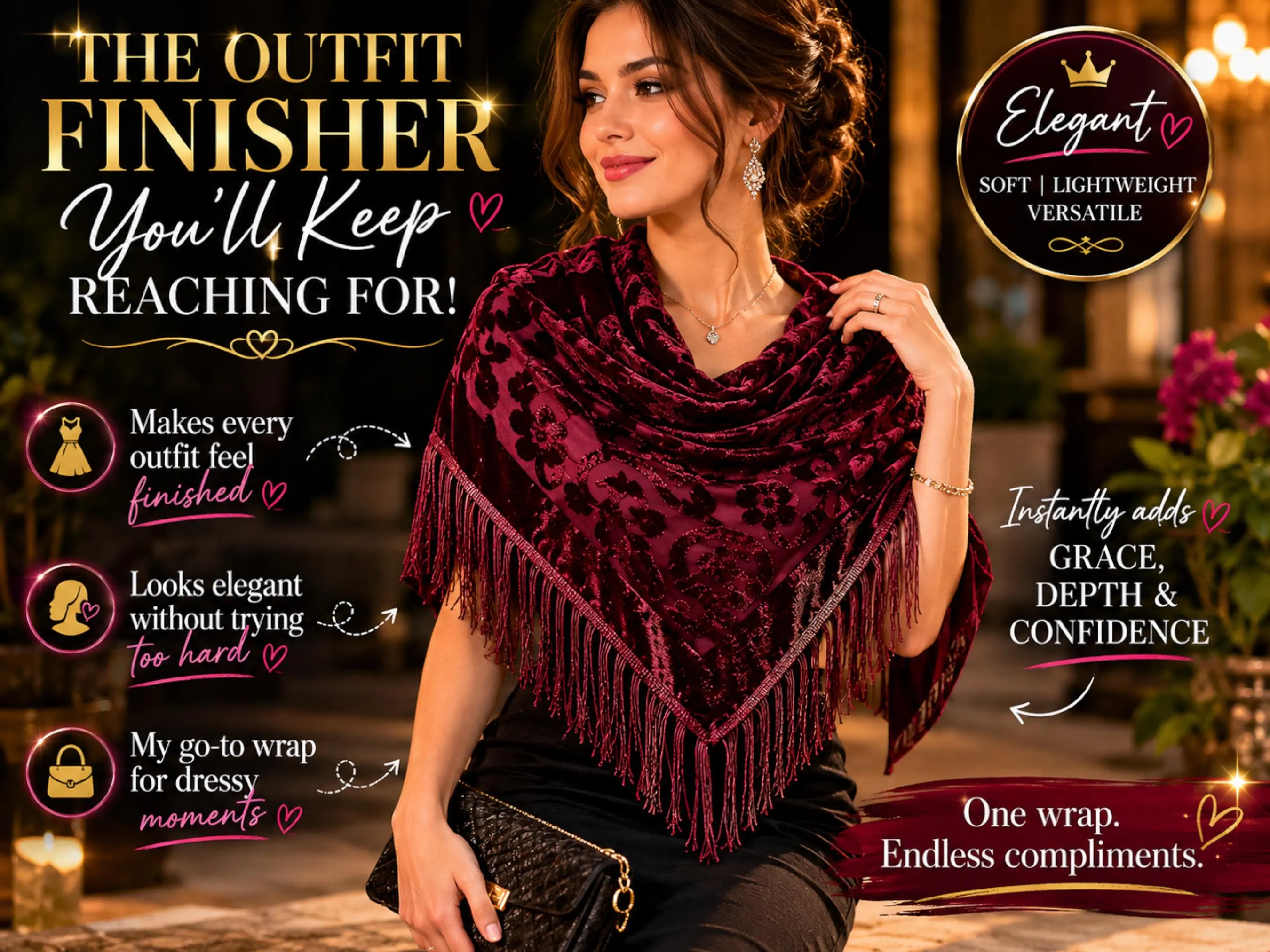Floral Fringe Shawl Scarf | Elegant Velvet Wrap Shoulder Cover - image 3
