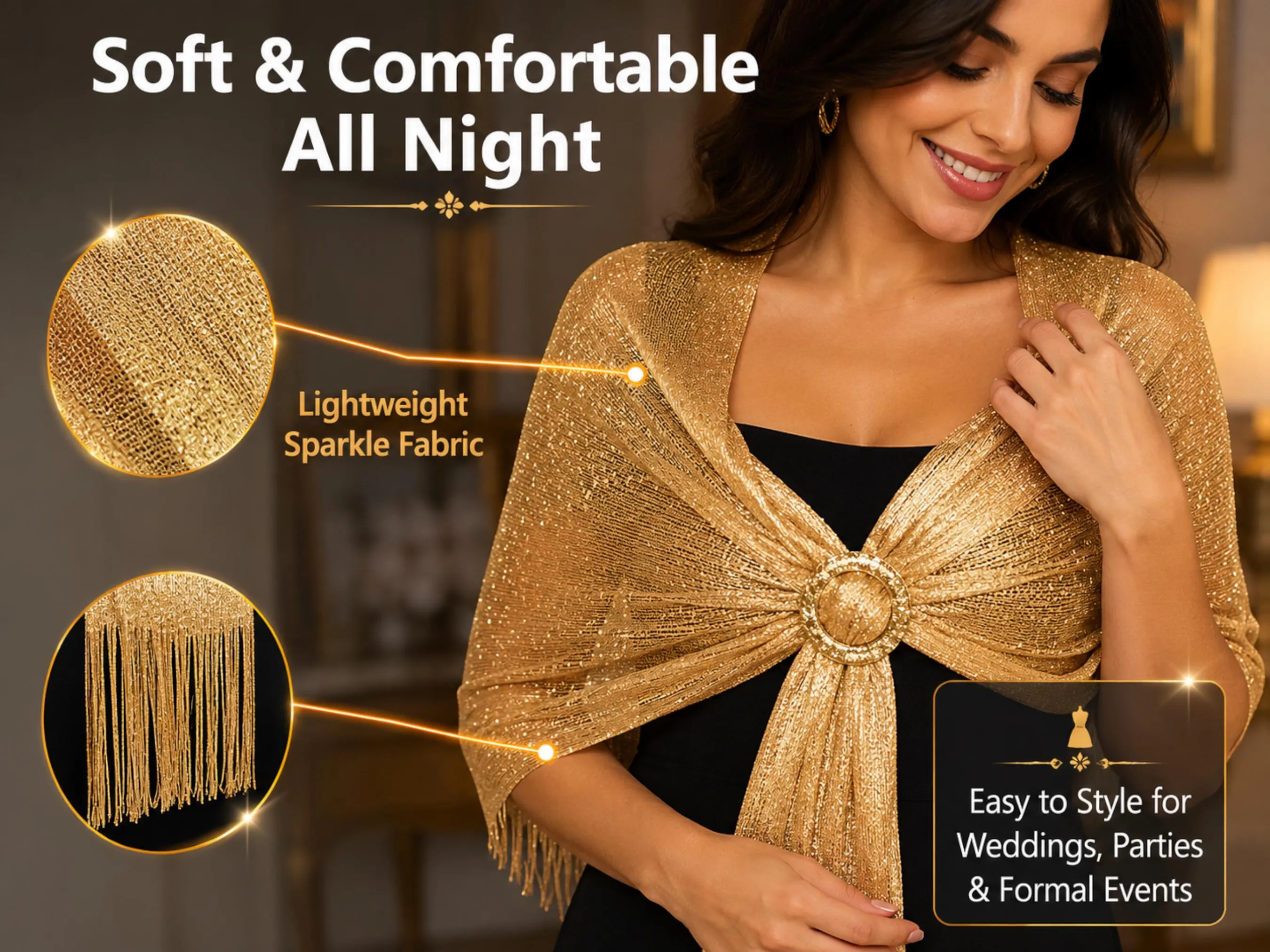 Gold Glitter Shawl Wrap with Tassels | Elegant Evening Scarf for Parties, Weddings - image 5