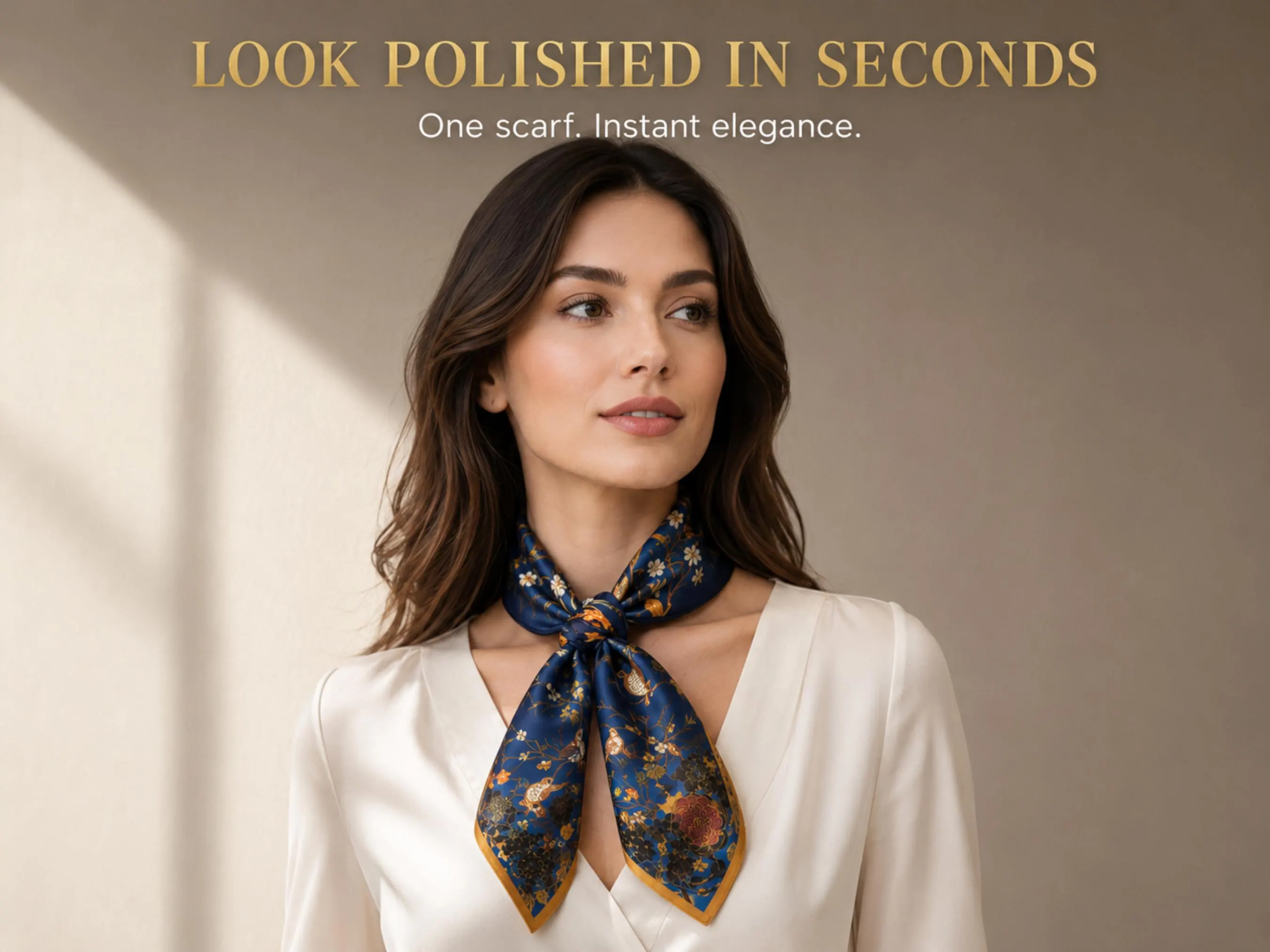 Blue Floral Satin Scarf | Bird Botanical Print Neck Hair Bag Scarf