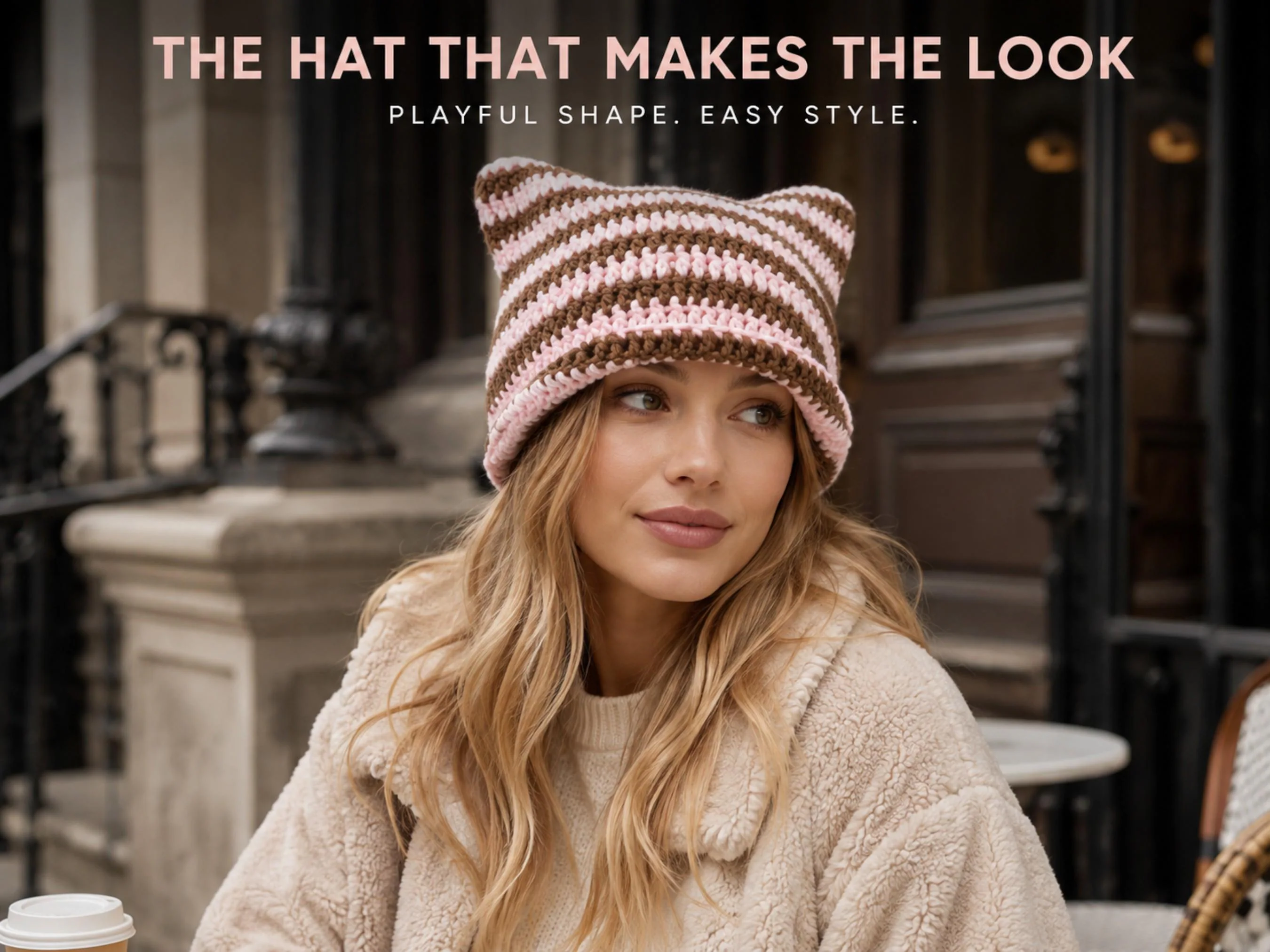Striped Cat Ear Beanie | Textured Knit Pointed Hat, Women's Casual Headwear