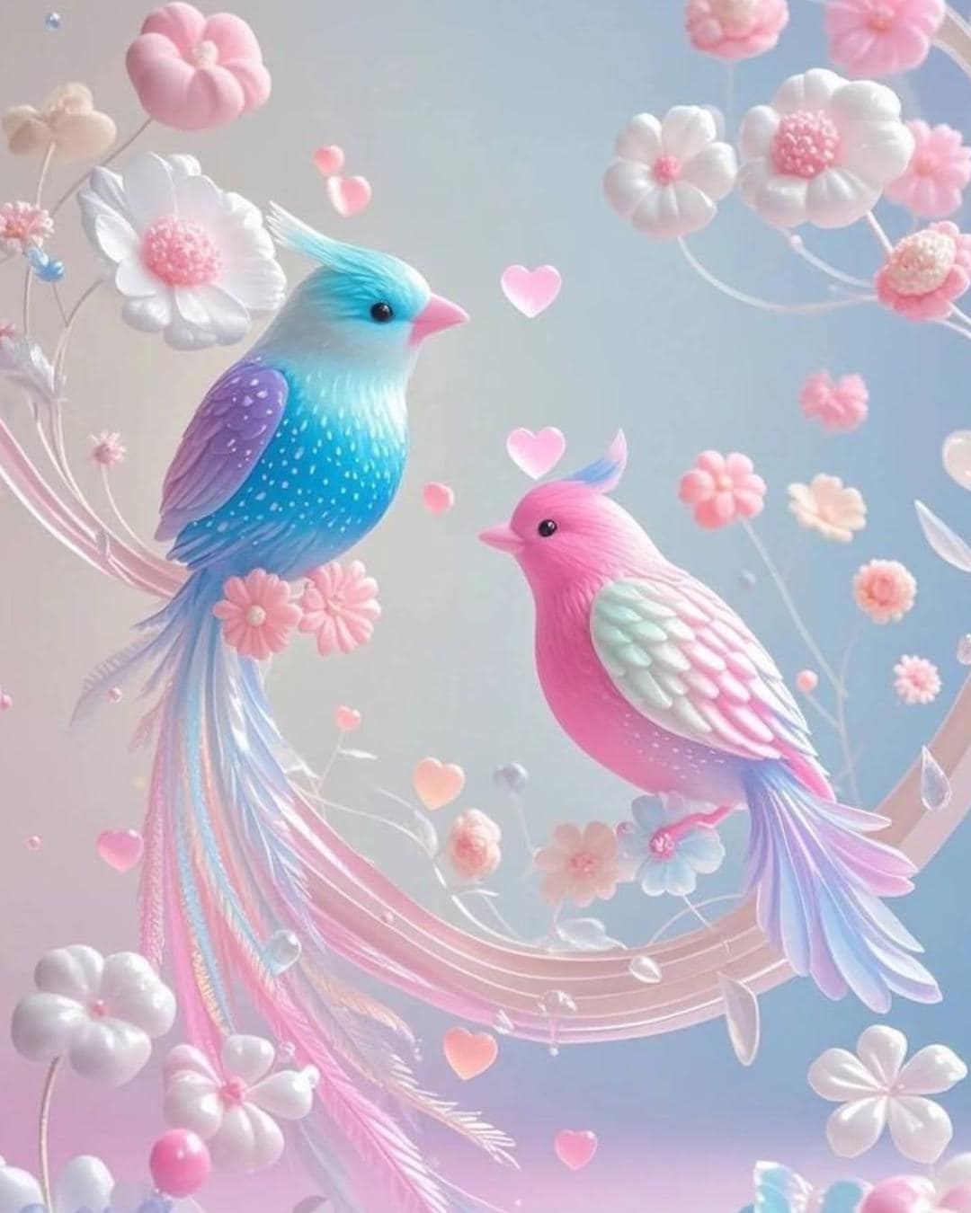 Pastel Parrots Art Print, Cherry Blossoms Floral Illustration, Nursery Decor