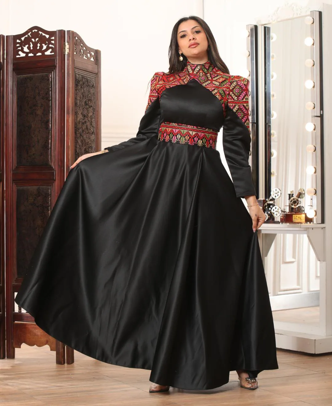 Jordanian Style Satin Dress with Palestinian Embroidery on Shoulders & Waist #6