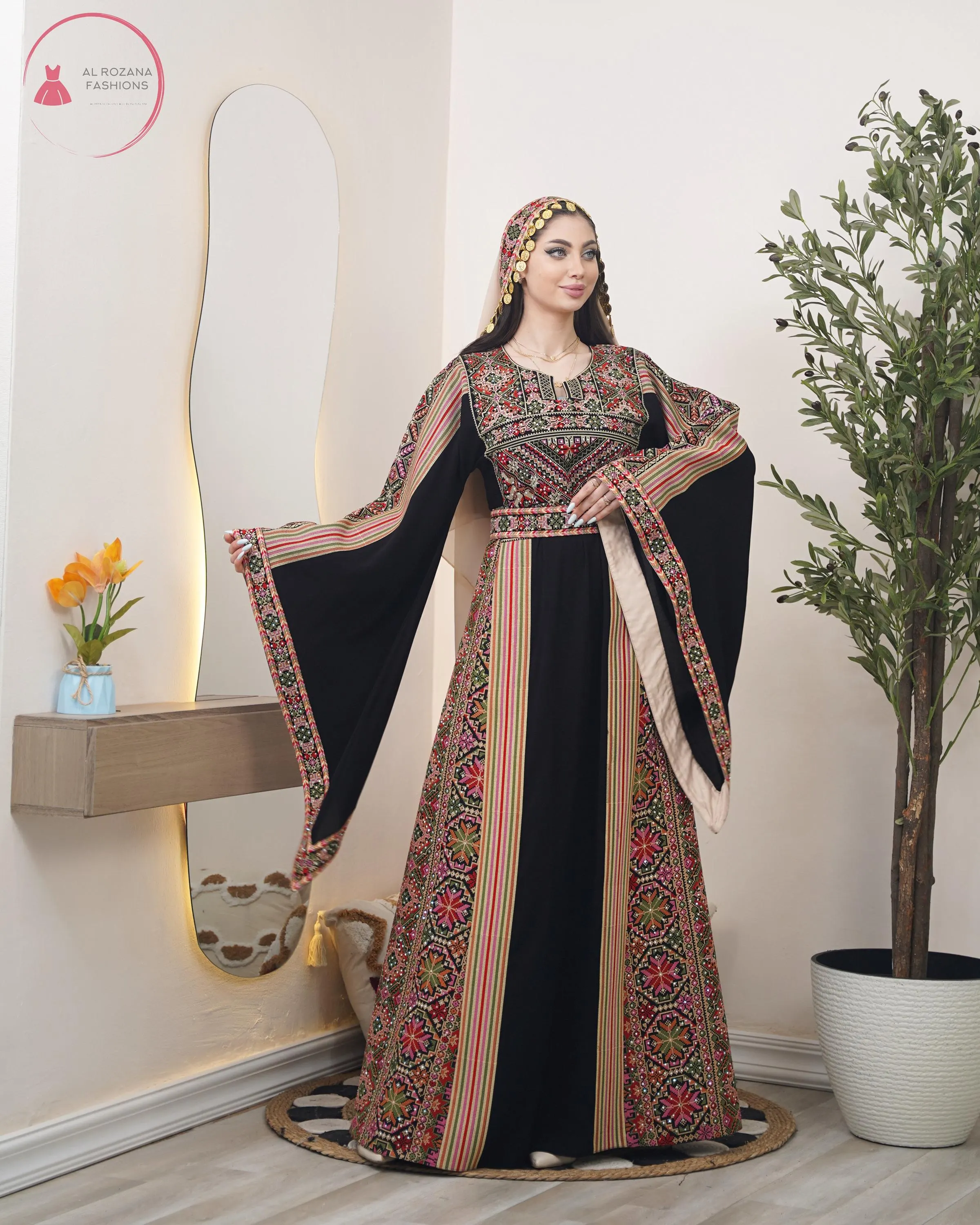 Wide Palestinian-Jordanian Embroidered Thobe with Matching Hijab#126 - image 3