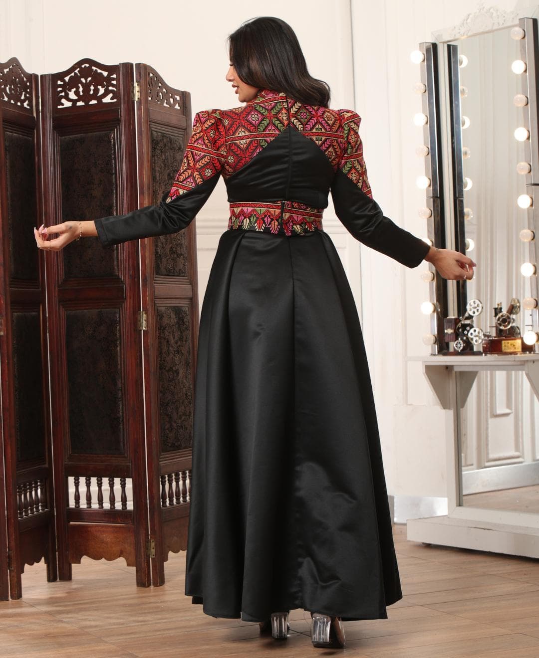 Jordanian Style Satin Dress with Palestinian Embroidery on Shoulders & Waist #6 - image 4