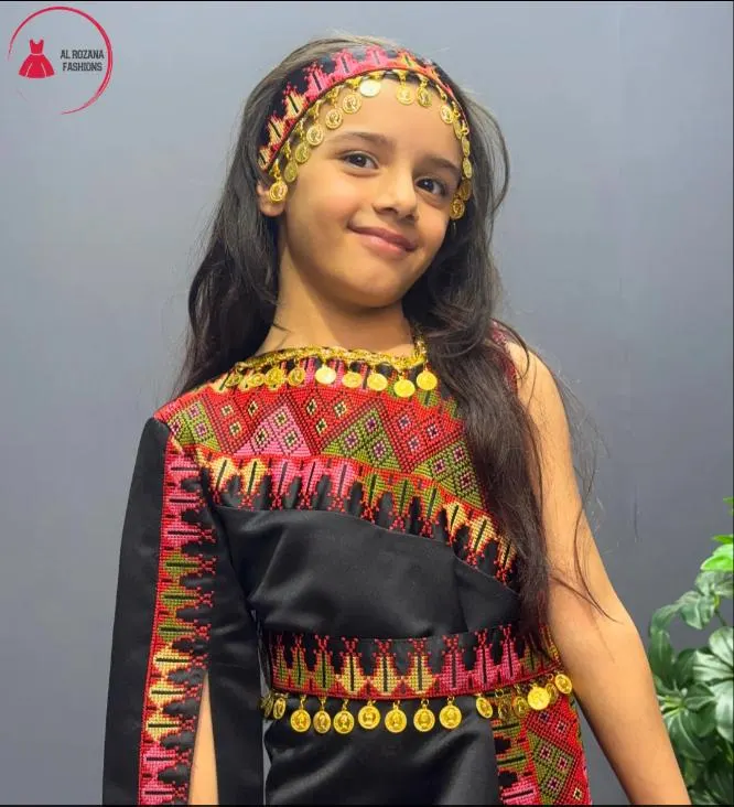 Girls satin embroidered dress Jordanian style with headband K2