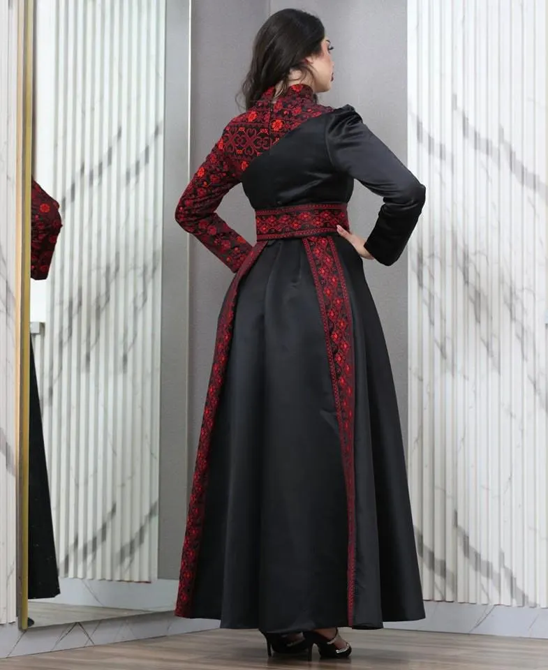 Long Black Palestinian Embroidered Dress with Red Details #1037 - image 4