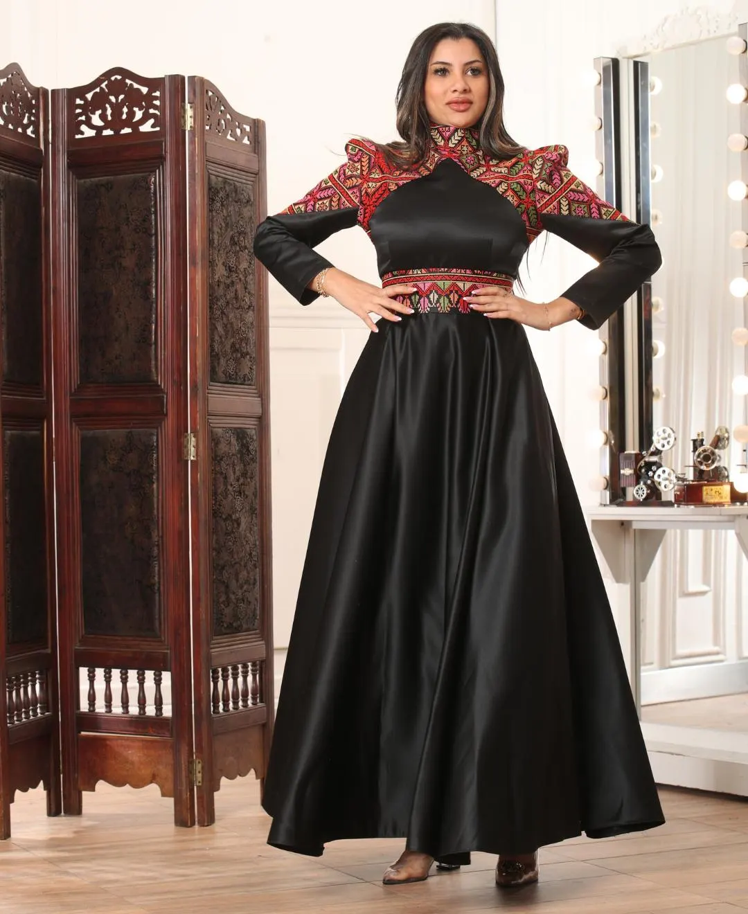 Jordanian Style Satin Dress with Palestinian Embroidery on Shoulders & Waist #6 - image 3