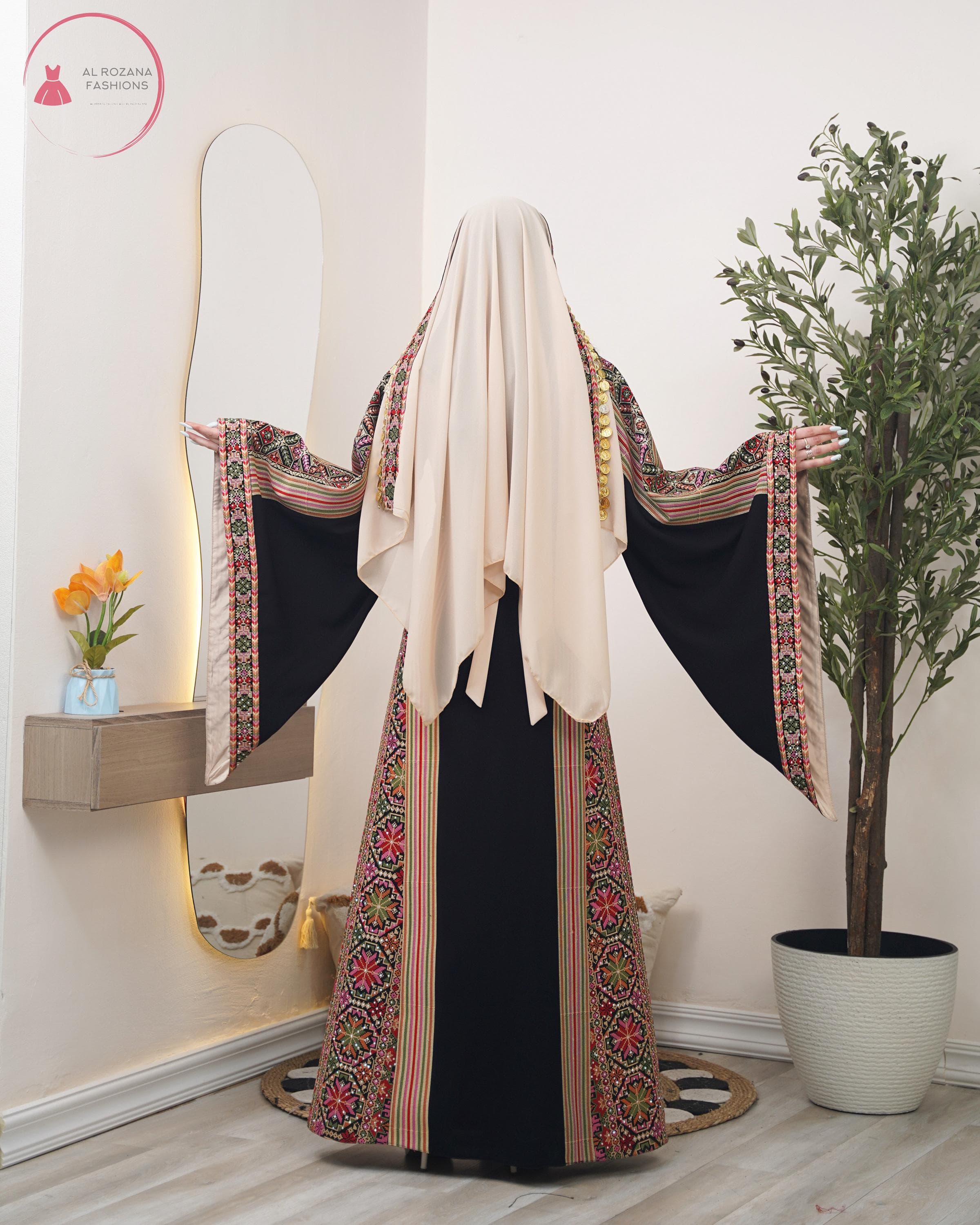 Wide Palestinian-Jordanian Embroidered Thobe with Matching Hijab#126 - image 4