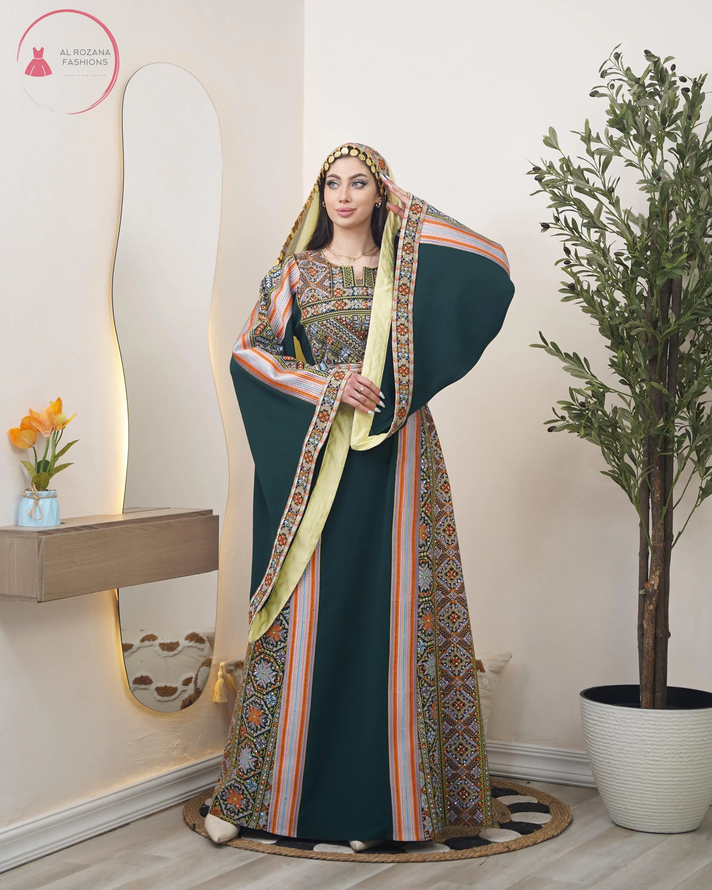Wide Palestinian-Jordanian Embroidered Thobe with Matching Hijab#126 - image 2