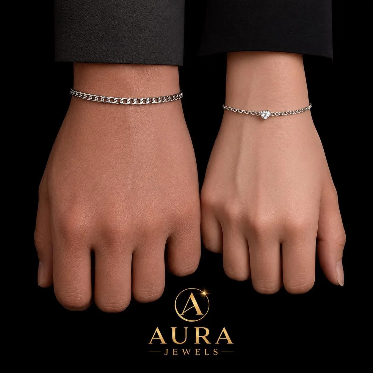 Stainless Steel Couple Bracelet Set, Cuban Chain & Star Charm