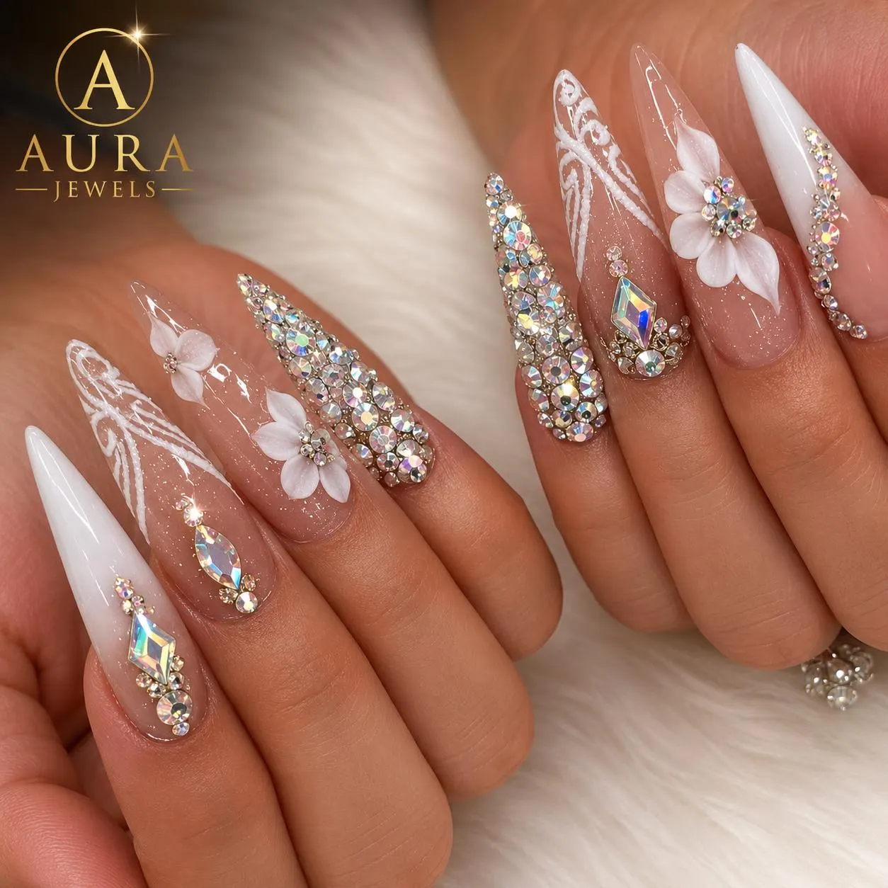 Luxury Bridal Press On Nails, White Rhinestone Stiletto False Nails, Handmade Glam Wedding Set - image 2
