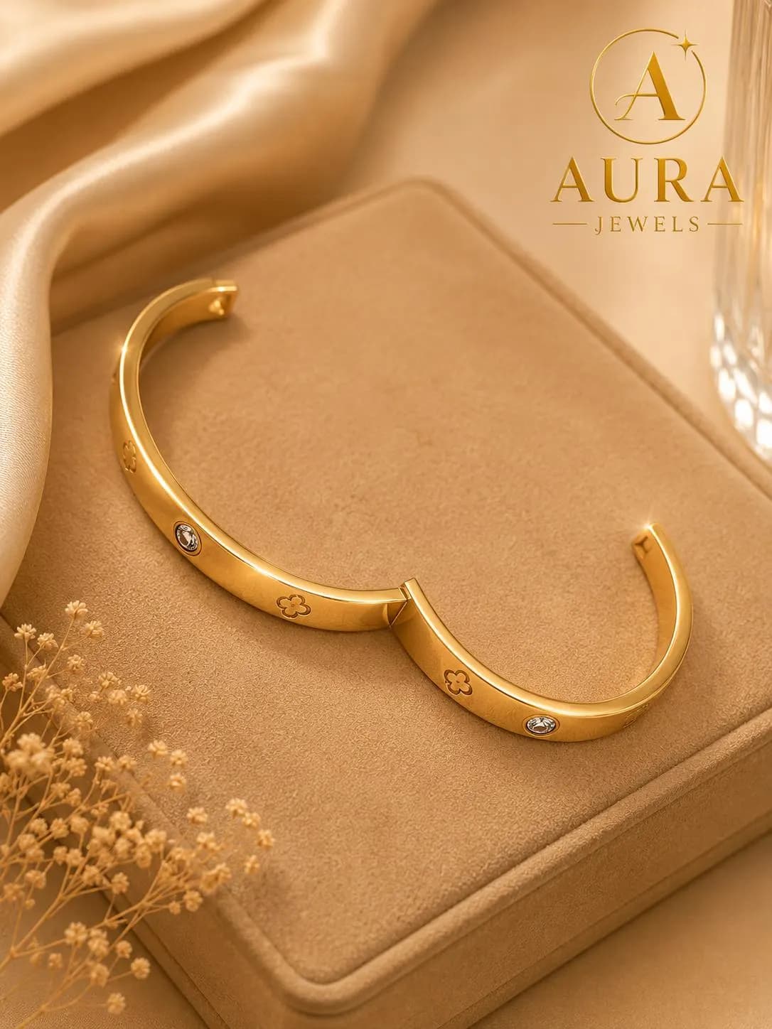 Gold Stainless Steel Clover Bracelet, Crystal Cuff Bangle, Minimalist Luxury Jewelry - image 5