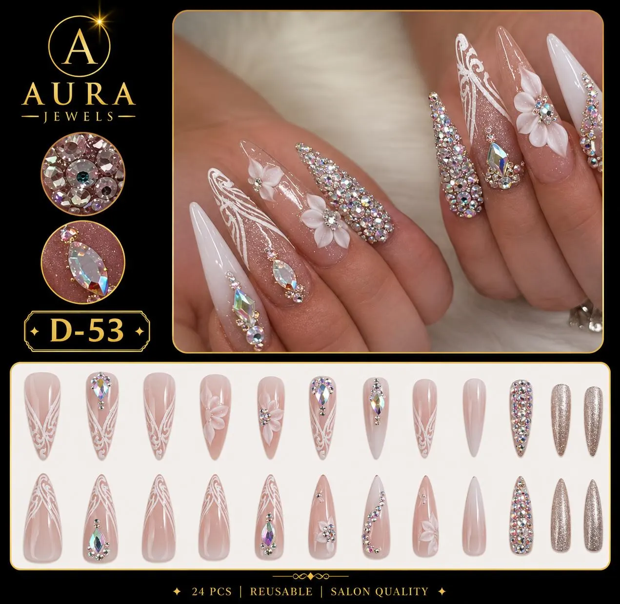 Luxury Bridal Press On Nails, White Rhinestone Stiletto False Nails, Handmade Glam Wedding Set - image 3