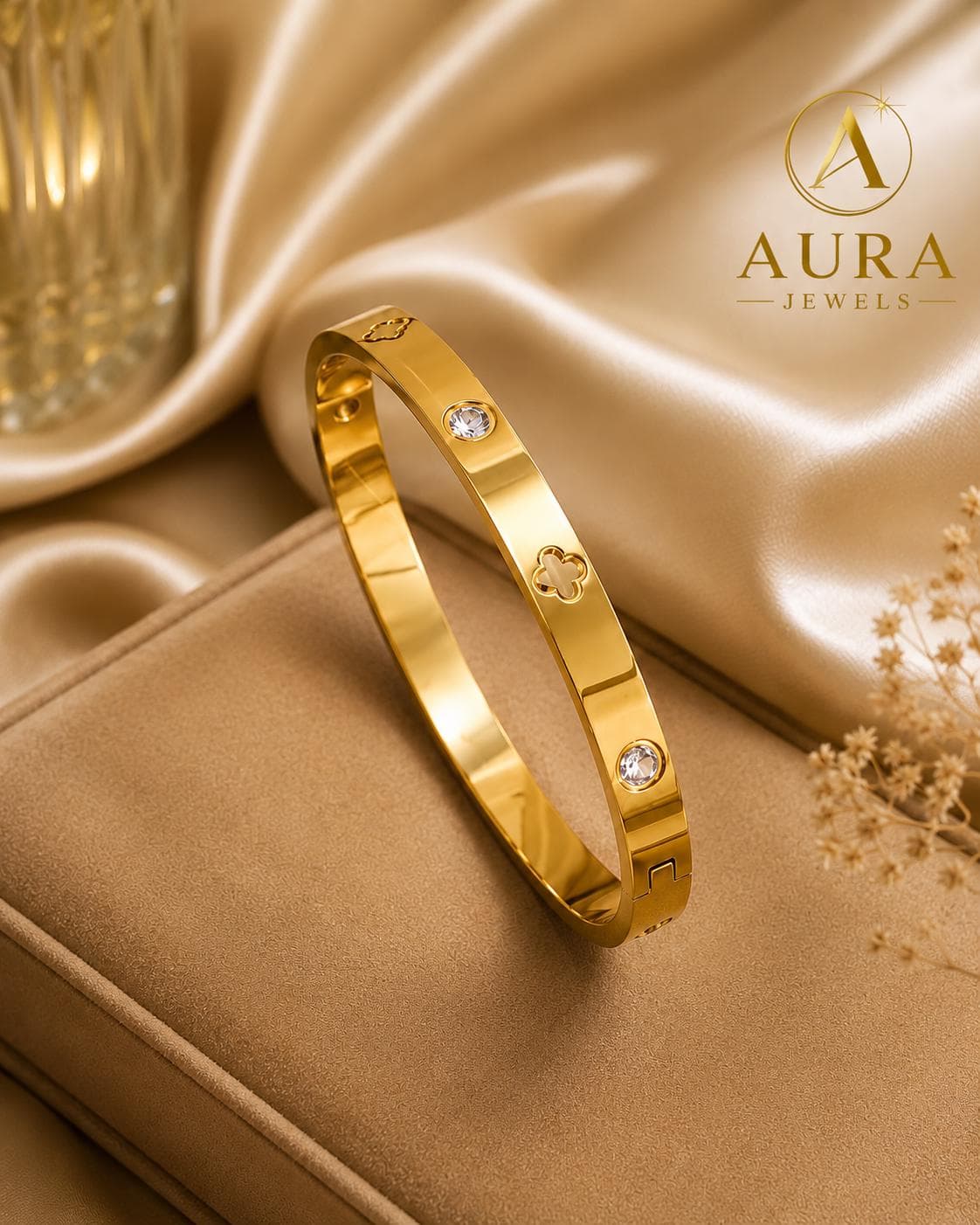 Gold Stainless Steel Clover Bracelet, Crystal Cuff Bangle, Minimalist Luxury Jewelry