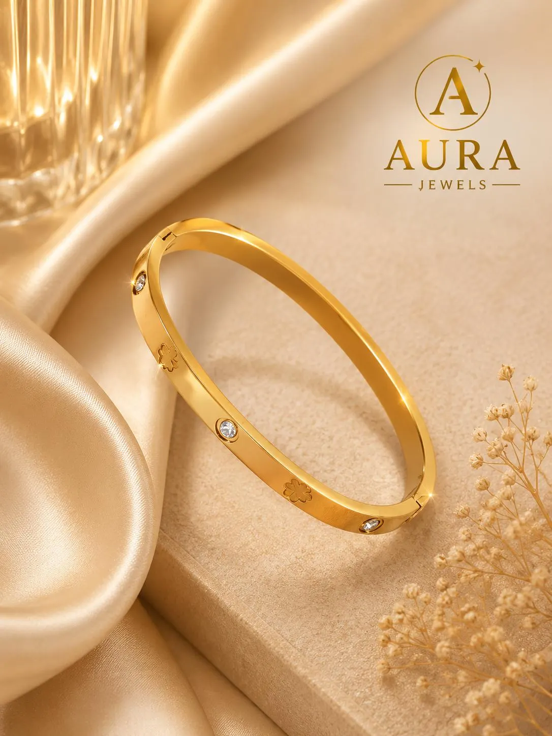 Gold Stainless Steel Clover Bracelet, Crystal Cuff Bangle, Minimalist Luxury Jewelry - image 3