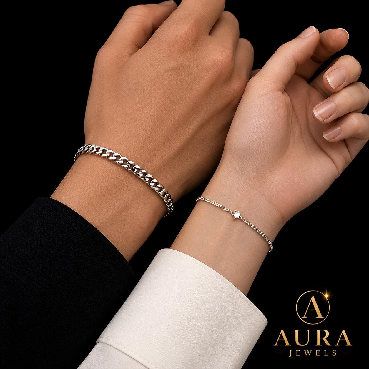 Stainless Steel Couple Bracelet Set, Cuban Chain & Star Charm - image 2