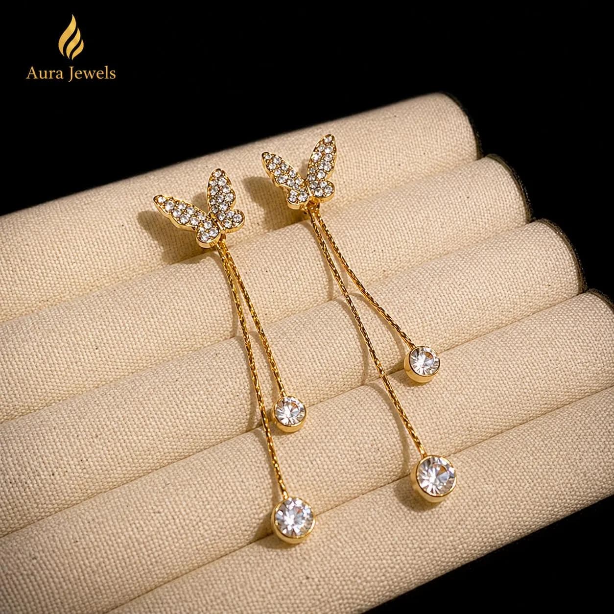 Gold Plated Butterfly Drop Earrings, Crystal Dangle Chain, Wedding Jewelry - image 4