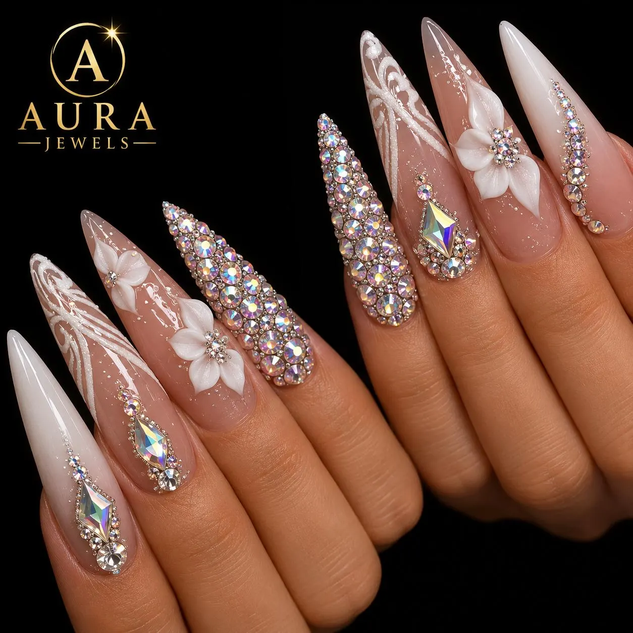 Luxury Bridal Press On Nails, White Rhinestone Stiletto False Nails, Handmade Glam Wedding Set
