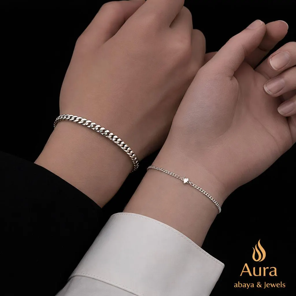 Stainless Steel Couple Bracelet Set, Cuban Chain & Star Charm - image 3