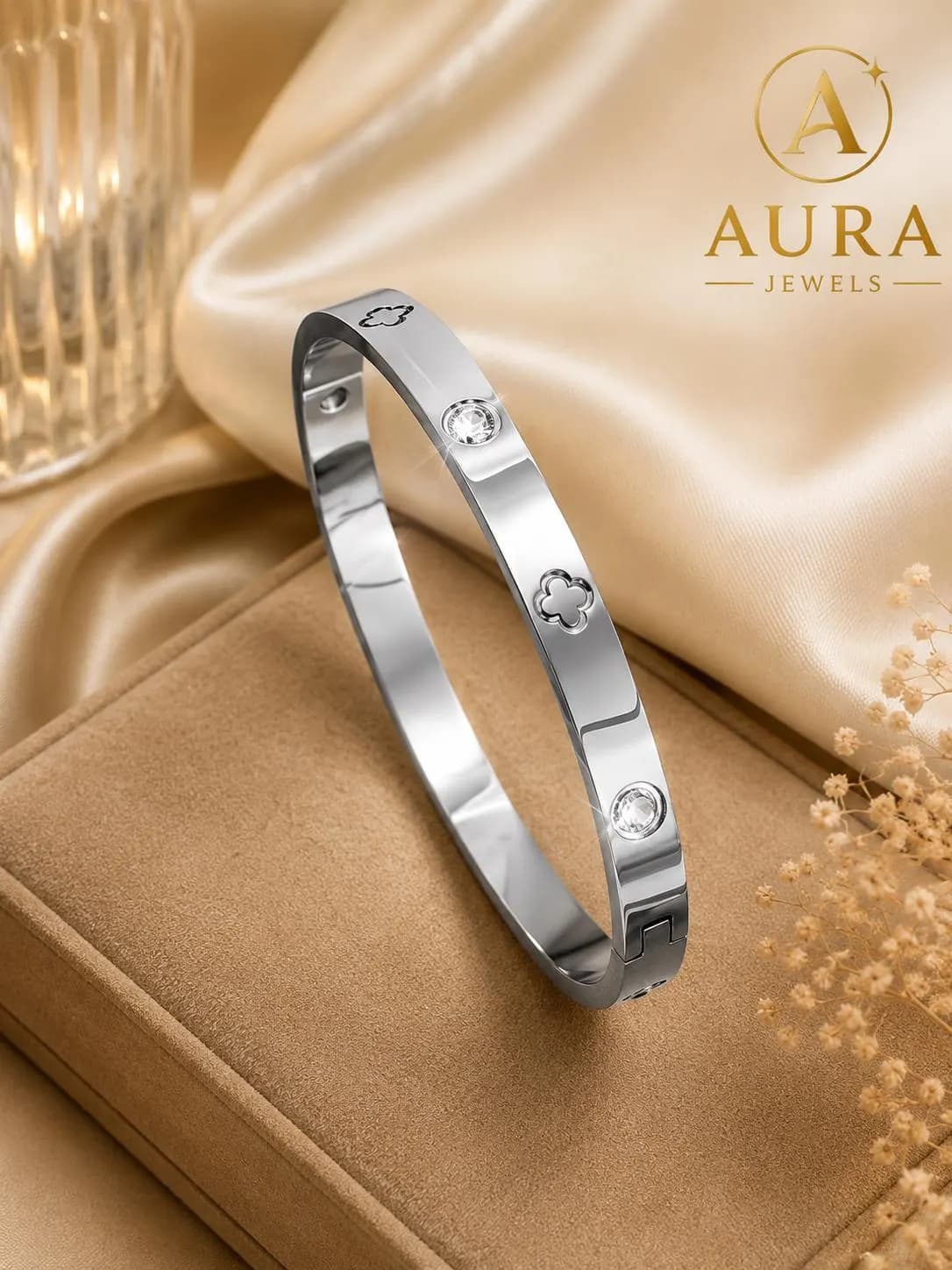 Gold Stainless Steel Clover Bracelet, Crystal Cuff Bangle, Minimalist Luxury Jewelry - image 2
