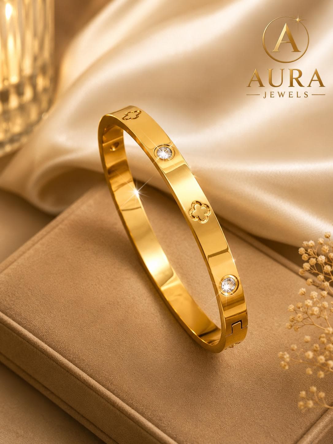 Gold Stainless Steel Clover Bracelet, Crystal Cuff Bangle, Minimalist Luxury Jewelry - image 4