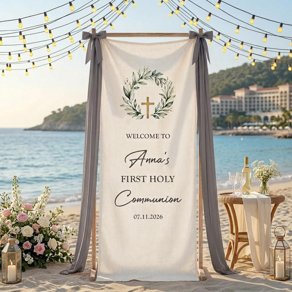 First Holy Communion Welcome Sign Personalized Name sign, Custom Event Backdrop, Outdoor Party Decor, Elegant Floral Celebration Sign decor - image 5
