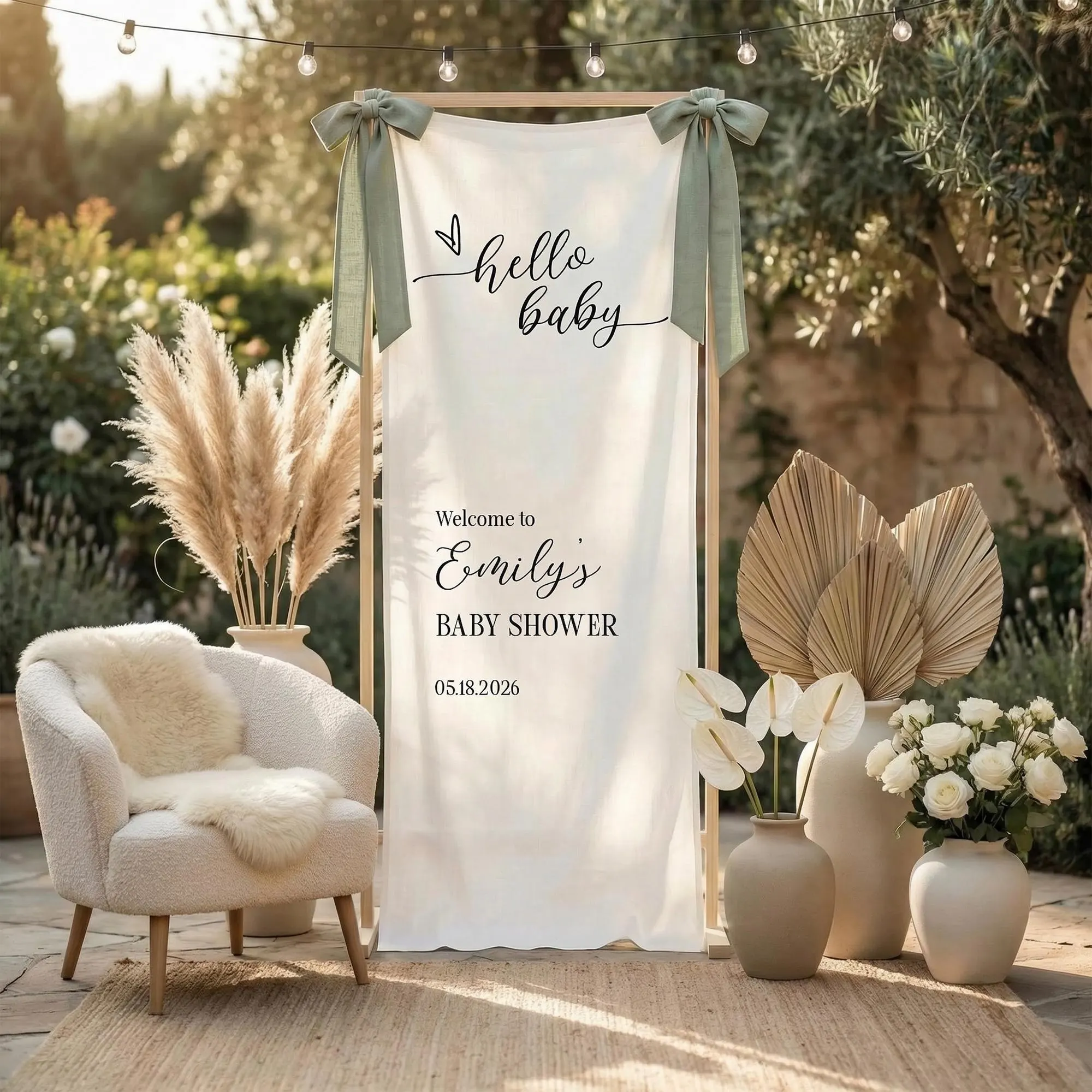 Custom Hello Baby Shower Welcome Banner, Linen Fabric Party Decor, Custom Baby Shower Backdrop, Neutral Boho Baby Shower Decor Sign - image 5