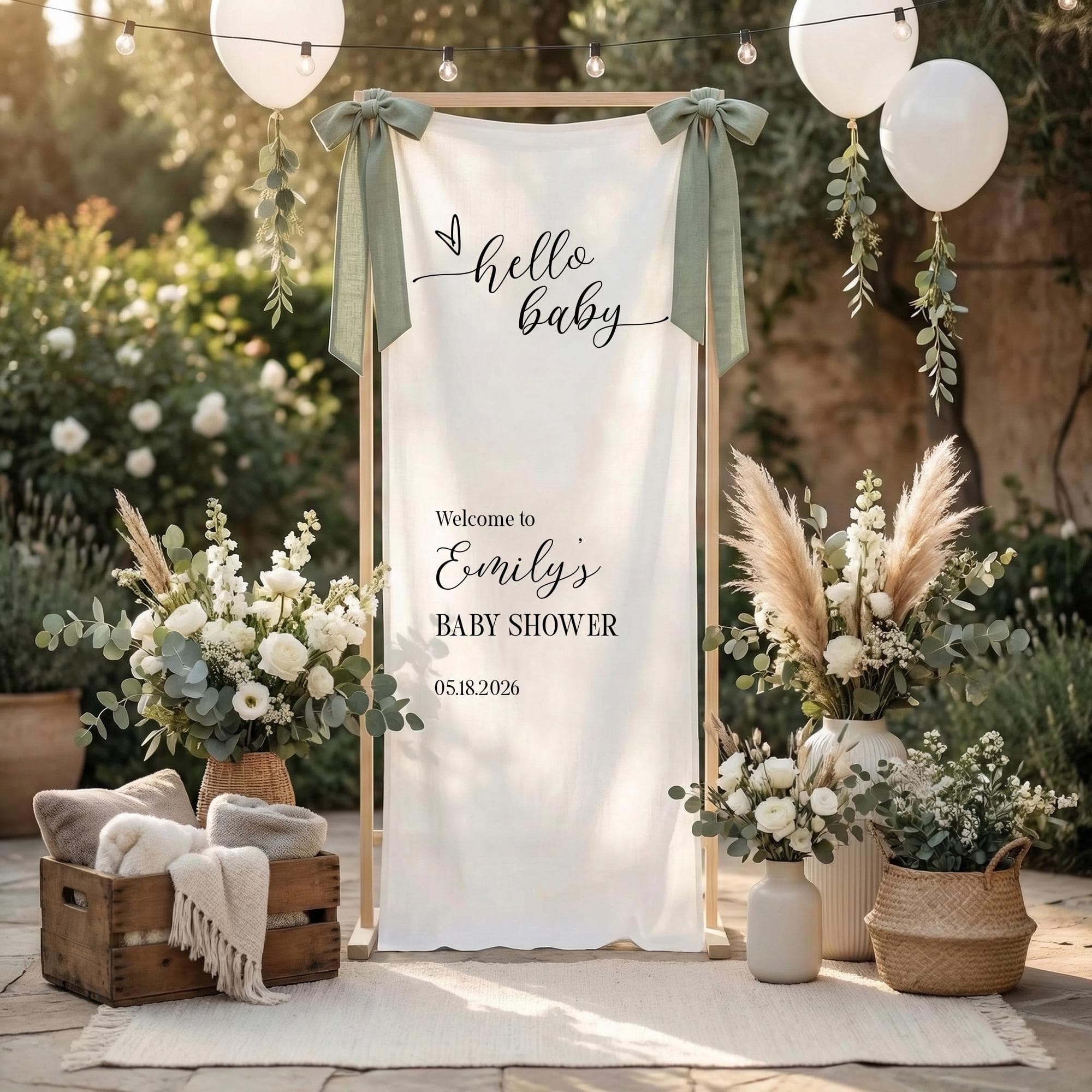 Custom Hello Baby Shower Welcome Banner, Linen Fabric Party Decor, Custom Baby Shower Backdrop, Neutral Boho Baby Shower Decor Sign - image 3