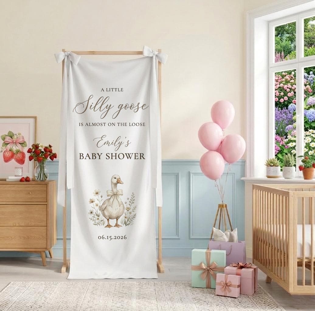Custom Hello Baby Shower Welcome Banner, Linen Fabric Party Decor, a little silly goose banner - image 4