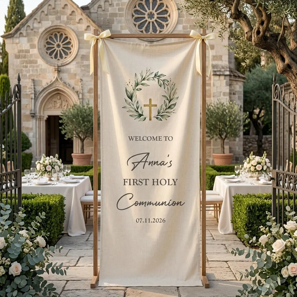 First Holy Communion Welcome Sign Personalized Name sign, Custom Event Backdrop, Outdoor Party Decor, Elegant Floral Celebration Sign decor