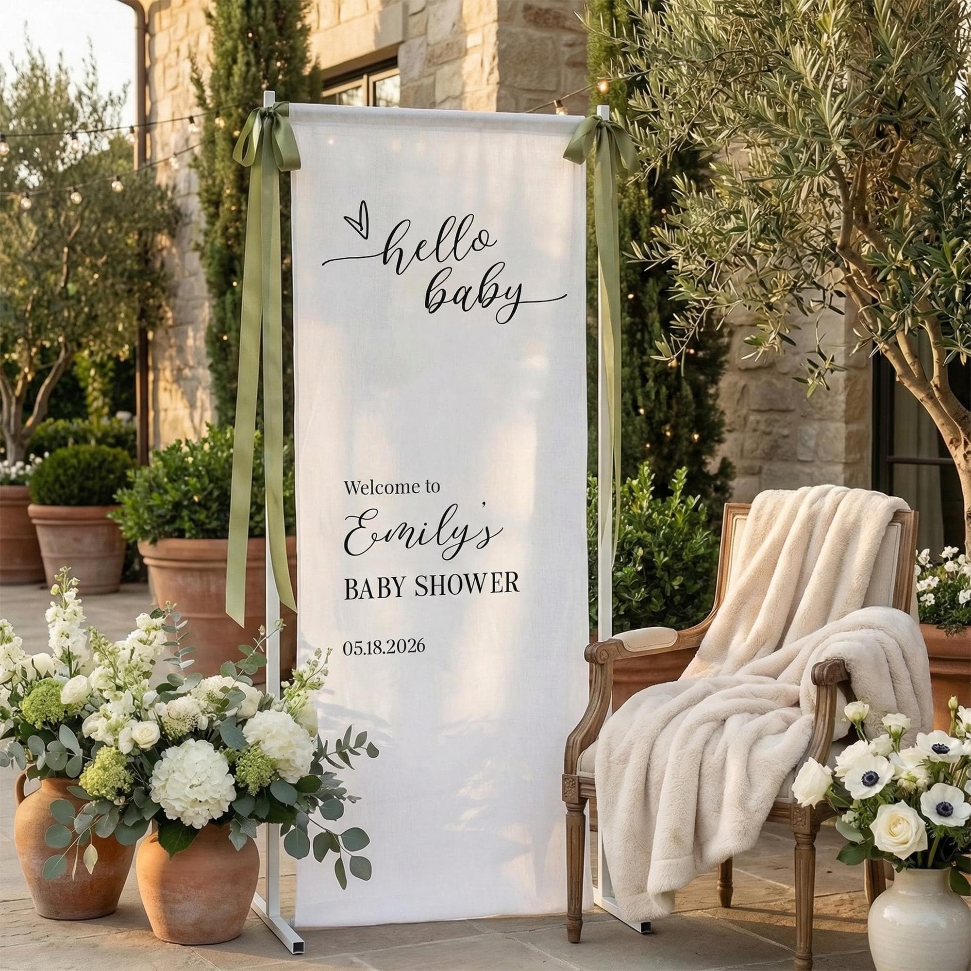Custom Hello Baby Shower Welcome Banner, Linen Fabric Party Decor, Custom Baby Shower Backdrop, Neutral Boho Baby Shower Decor Sign