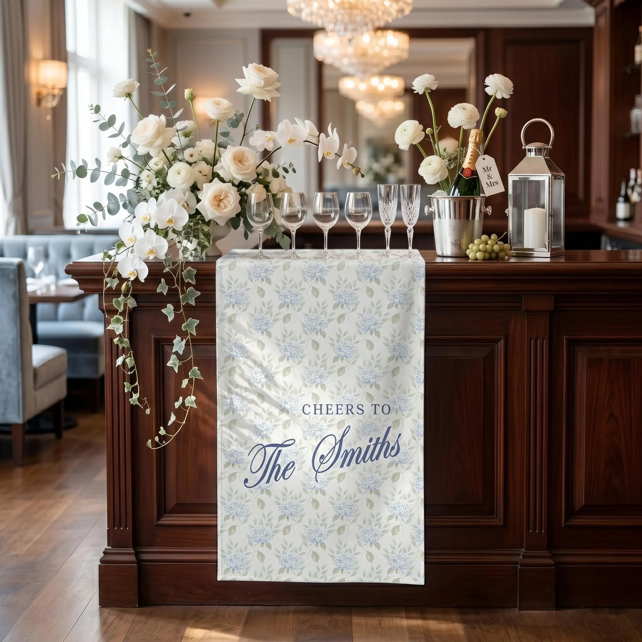Blue Hydrangea Personalized Wedding Bar Sign, Custom Reception Bar Banner His and Hers Wedding Bar Decor, Bar Front Sign Gifts,name bar sign